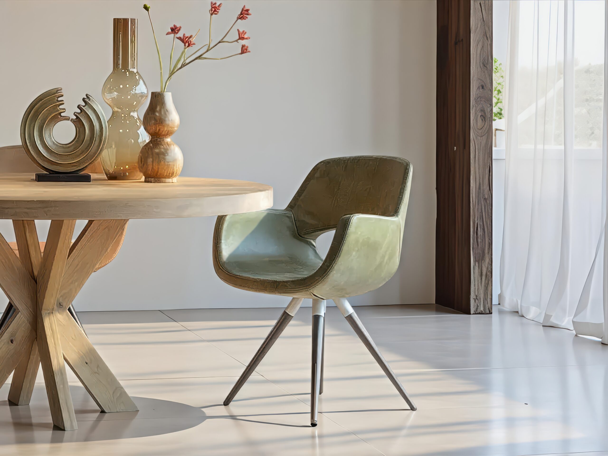 Eigentijdse eetkamerstoel in olijfgroen met stevige metalen poten