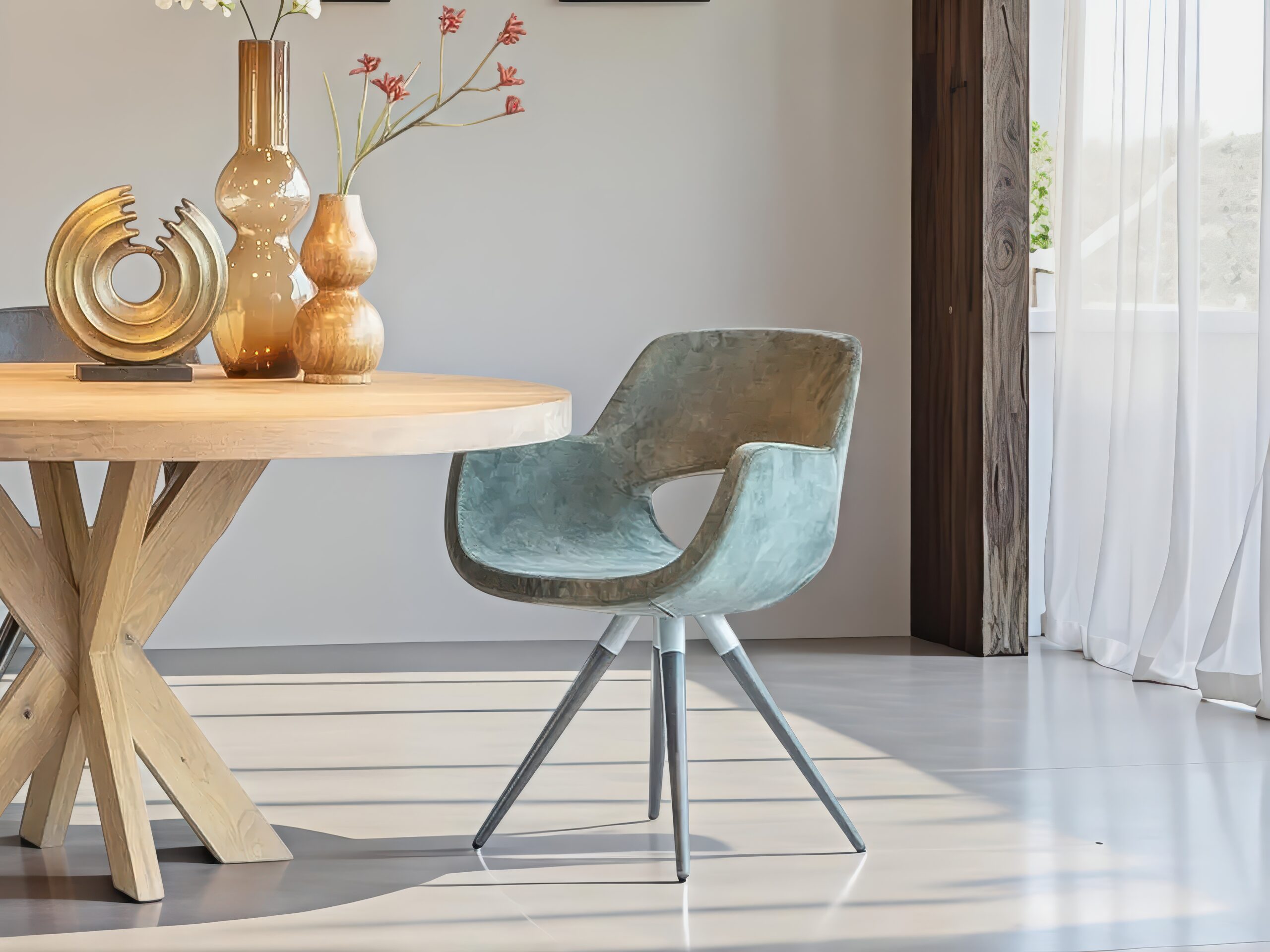 Minimalistische eetkamerstoel in groene stof met modern frame