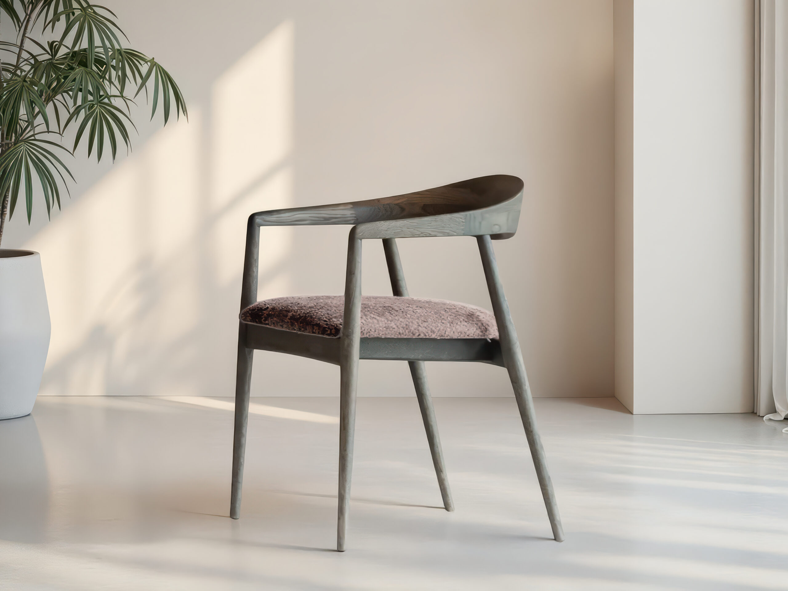 Moderne design stoel van donker hout met lichtroze zitting