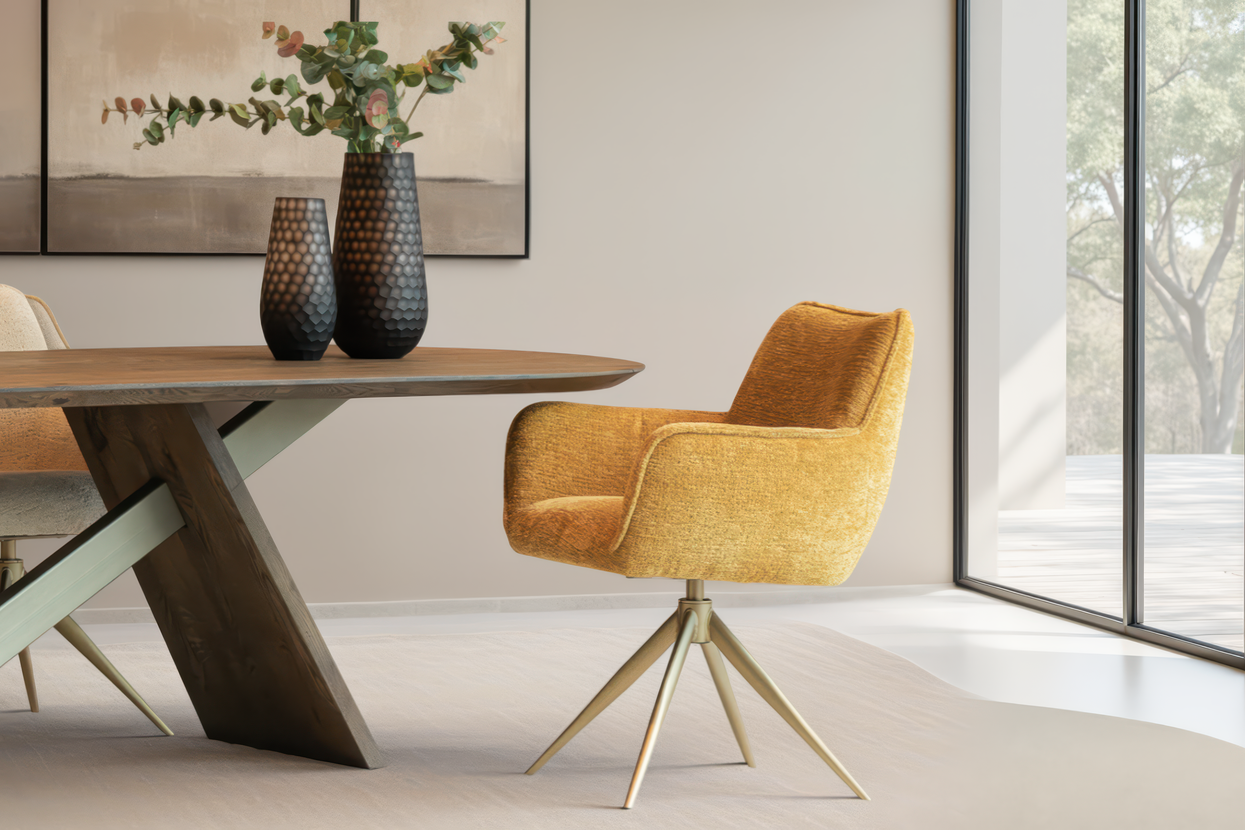 luxe draaistoel met zachte, gebogen vormen en retro-uitstraling