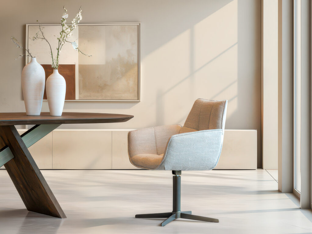 Stoel met eigentijds silhouet en praktische draaifunctie