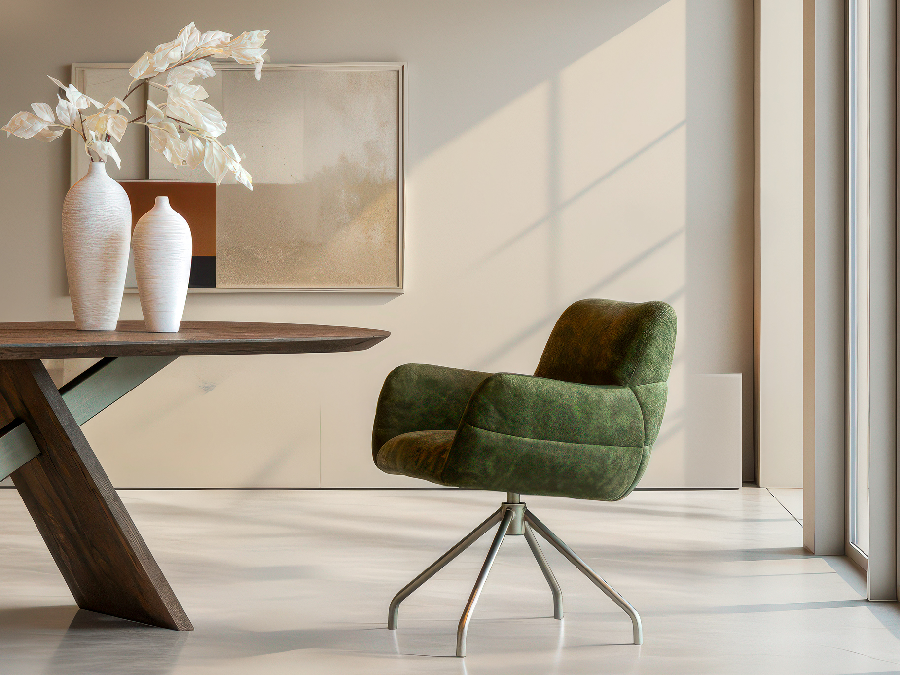 Stoel met uitnodigende uitstraling en moderne pootconstructie