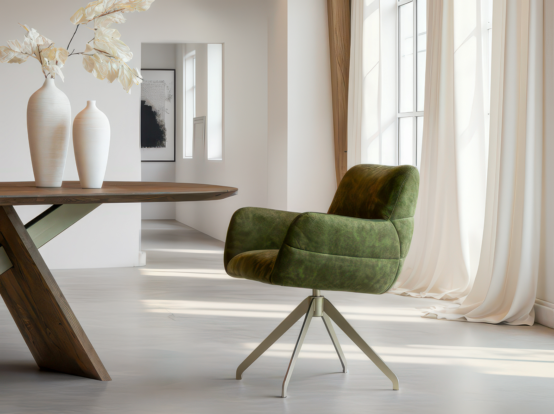 Velvet eetkamerstoel in dennengroen met een spinpoot onderstel in champagne kleur