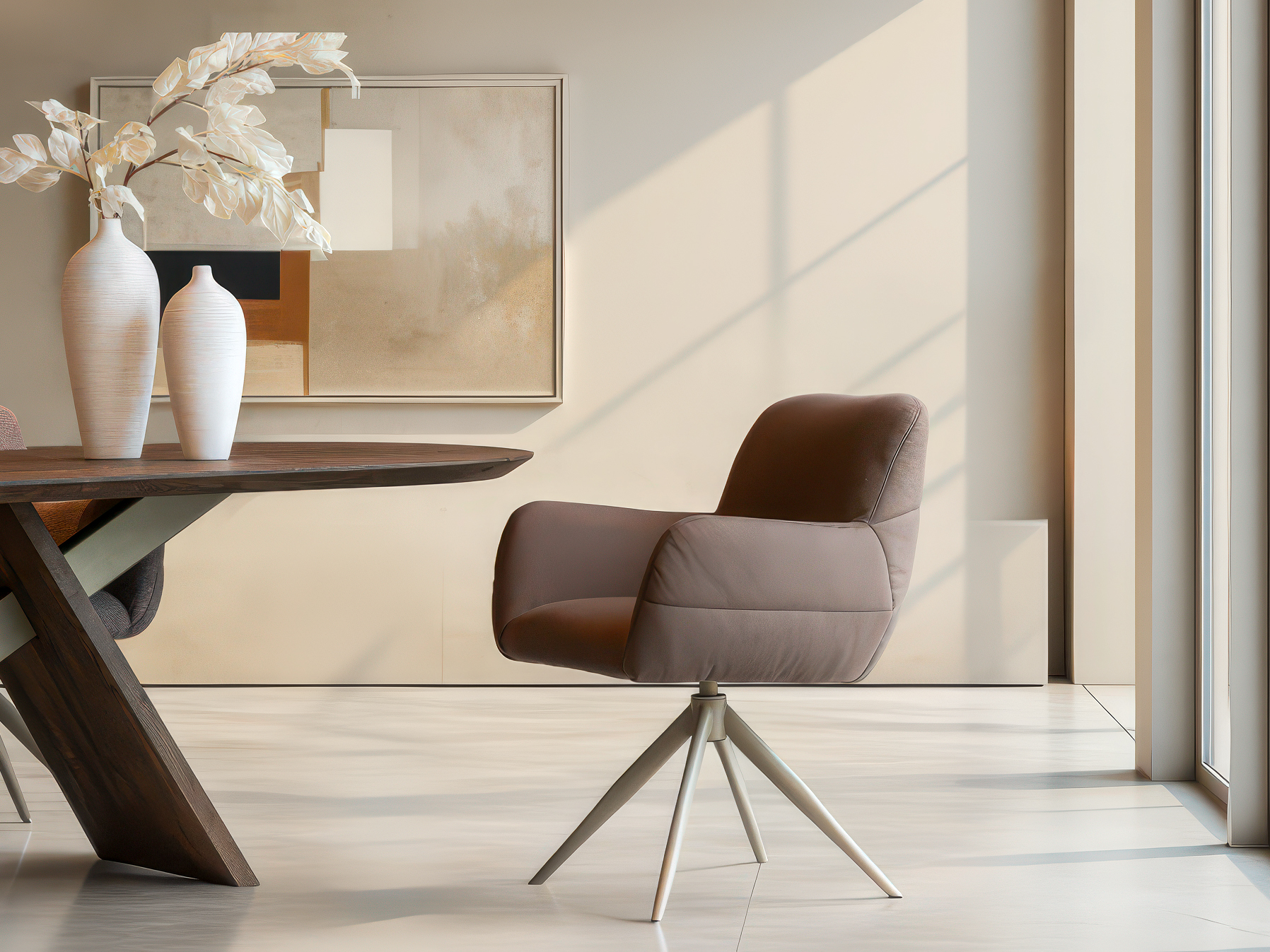 Zachte eetkamerstoel met uitnodigend zitvlak en robuust frame