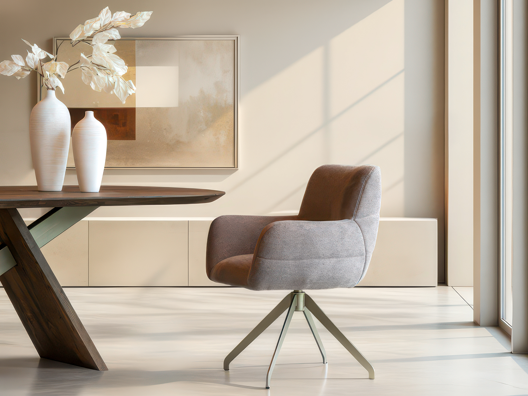 Eetkamerstoel met gestroomlijnde rugleuning en armleuningen