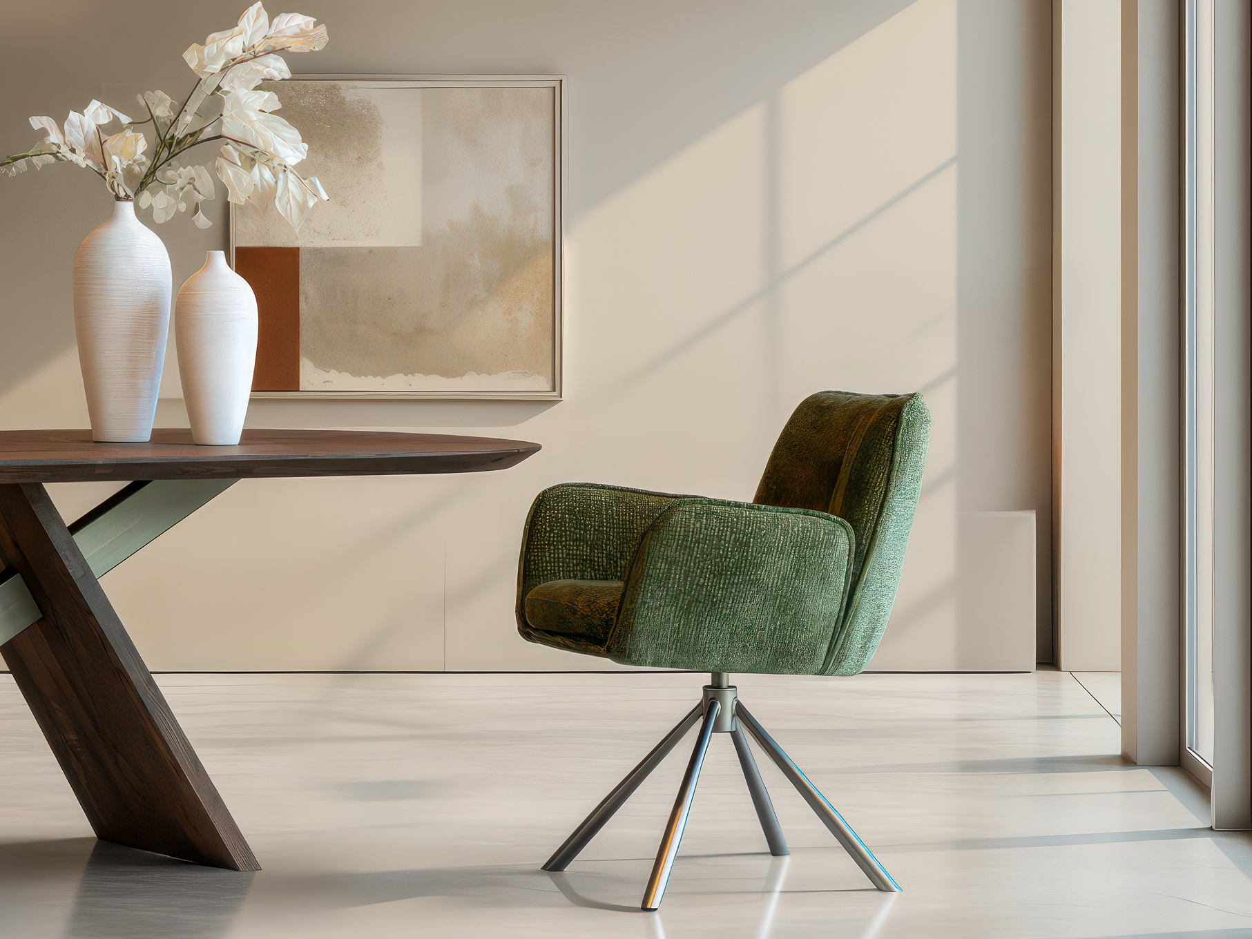 Eetkamerstoel met volle rugleuning en royale armsteunen