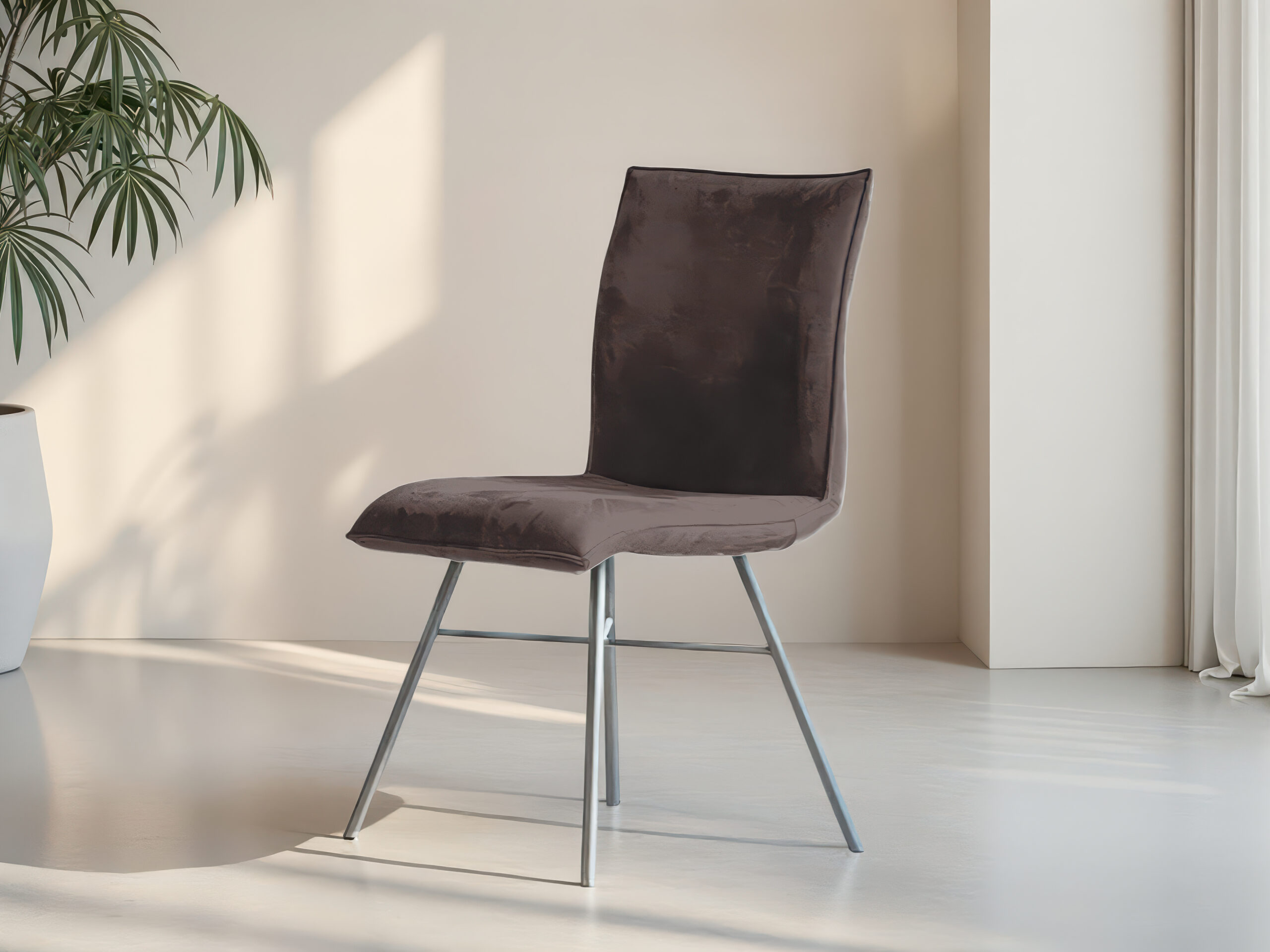 Moderne donkerbruine eetkamerstoel zonder armleuningen met kruisframe