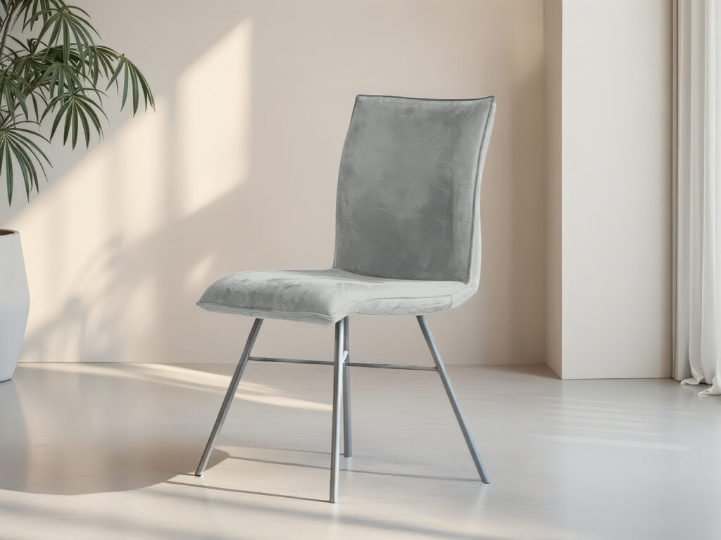 Tijdloze stoel met comfortabele rugleuning en zwarte metalen basis