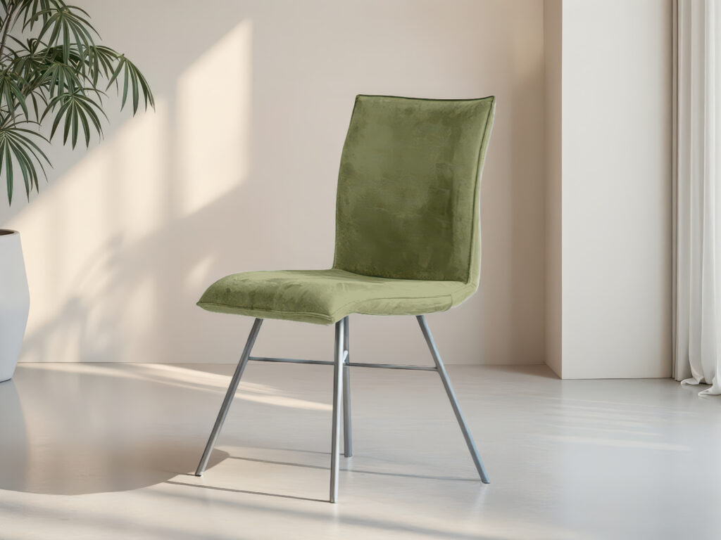 Mosgroene eetkamerstoel met stabiele ronde poten en kruisframe