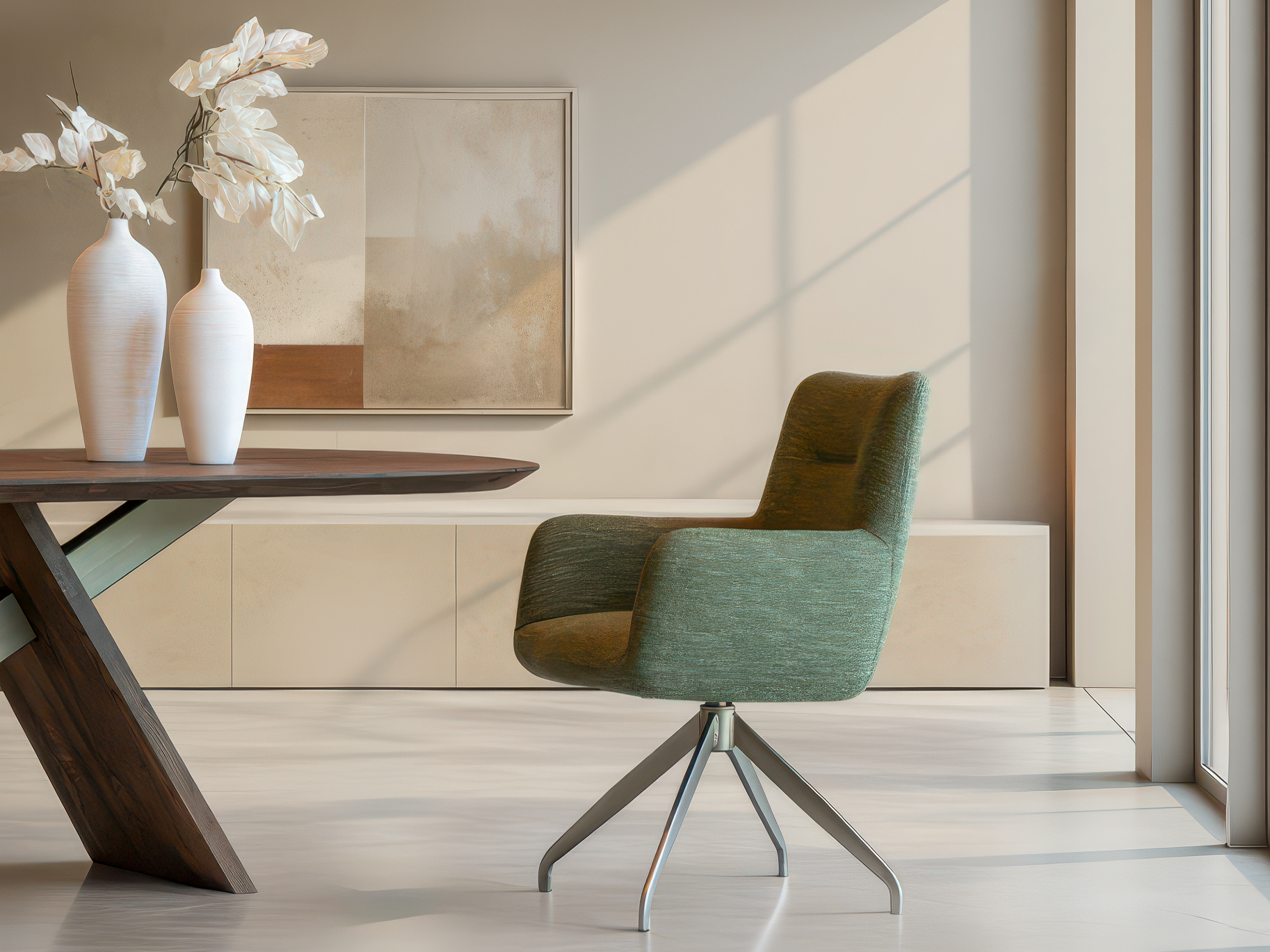 Fraai gevormde stoel met draaibare poot en uitnodigende zit