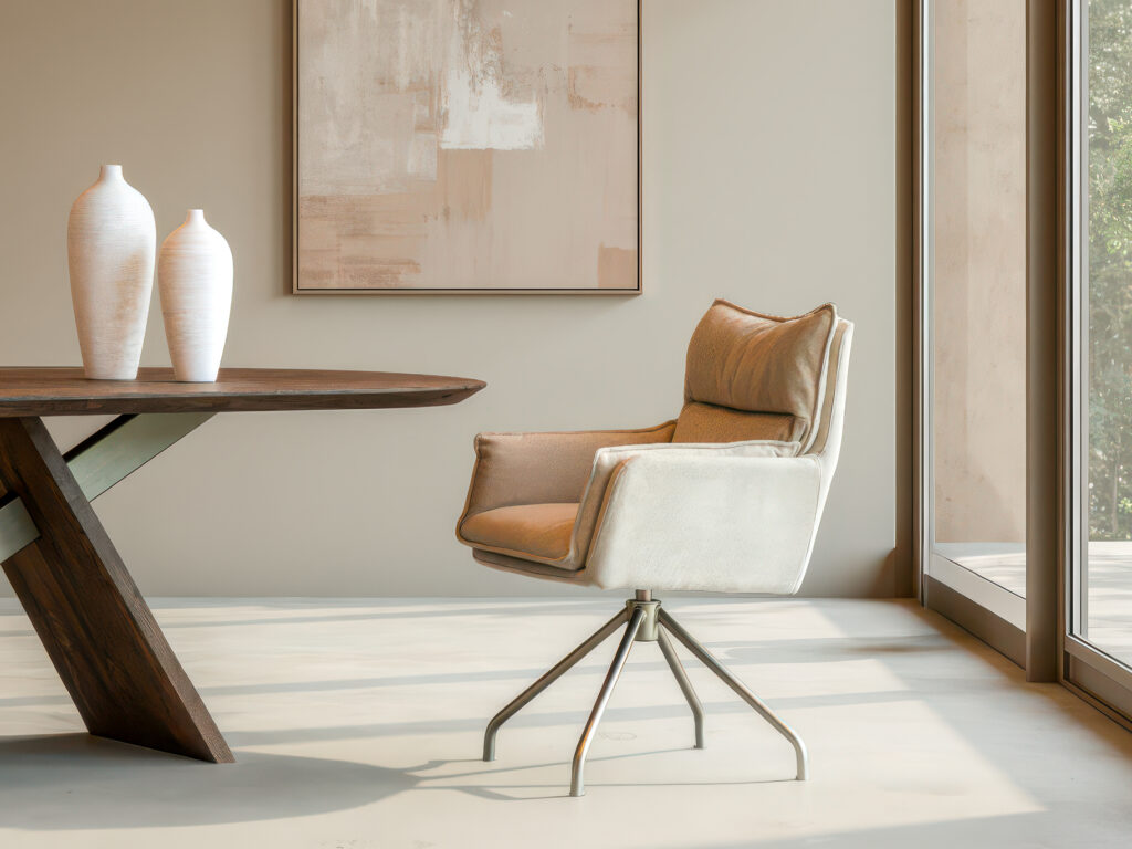 Comfortabele kuipstoel met armleuningen en een metalen onderstel