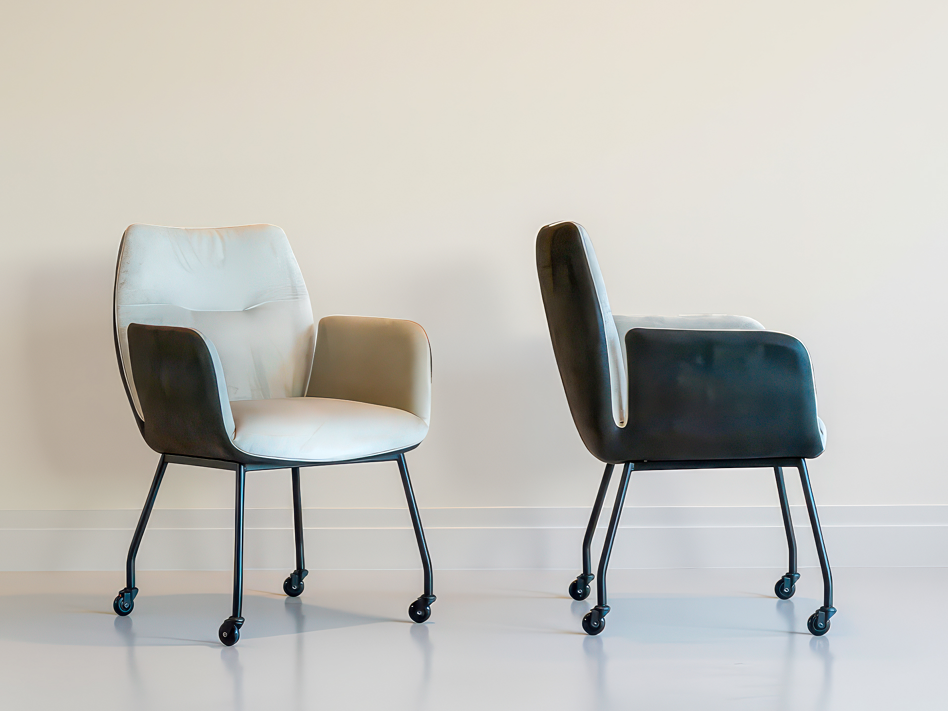 Eetkamerstoelen Huelva - achterkant bull eco leder antraciet - voorkant juke pearl - onderstel met skatewielen