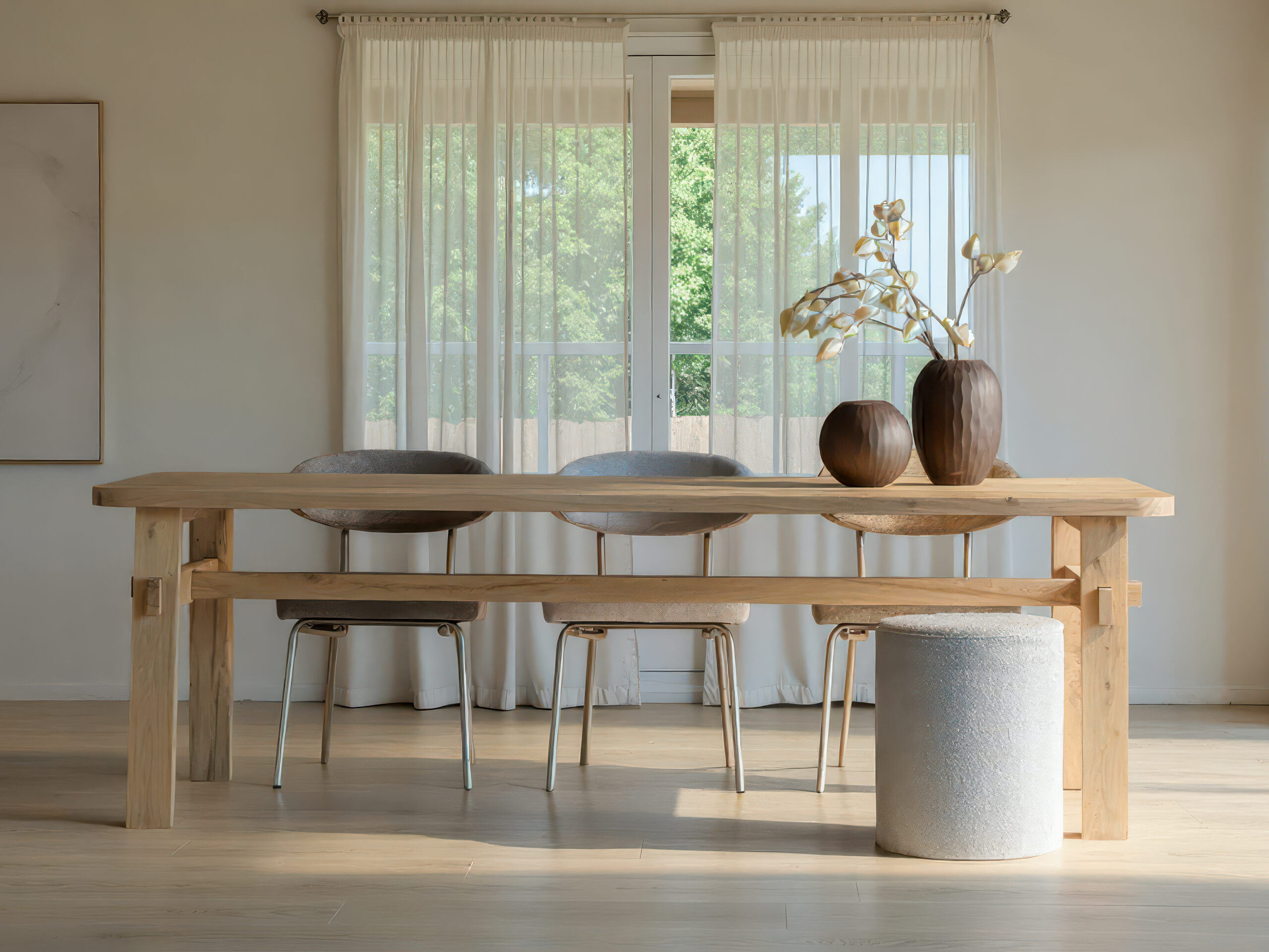 Massief houten eettafel in naturel tint, strak design met houten poten