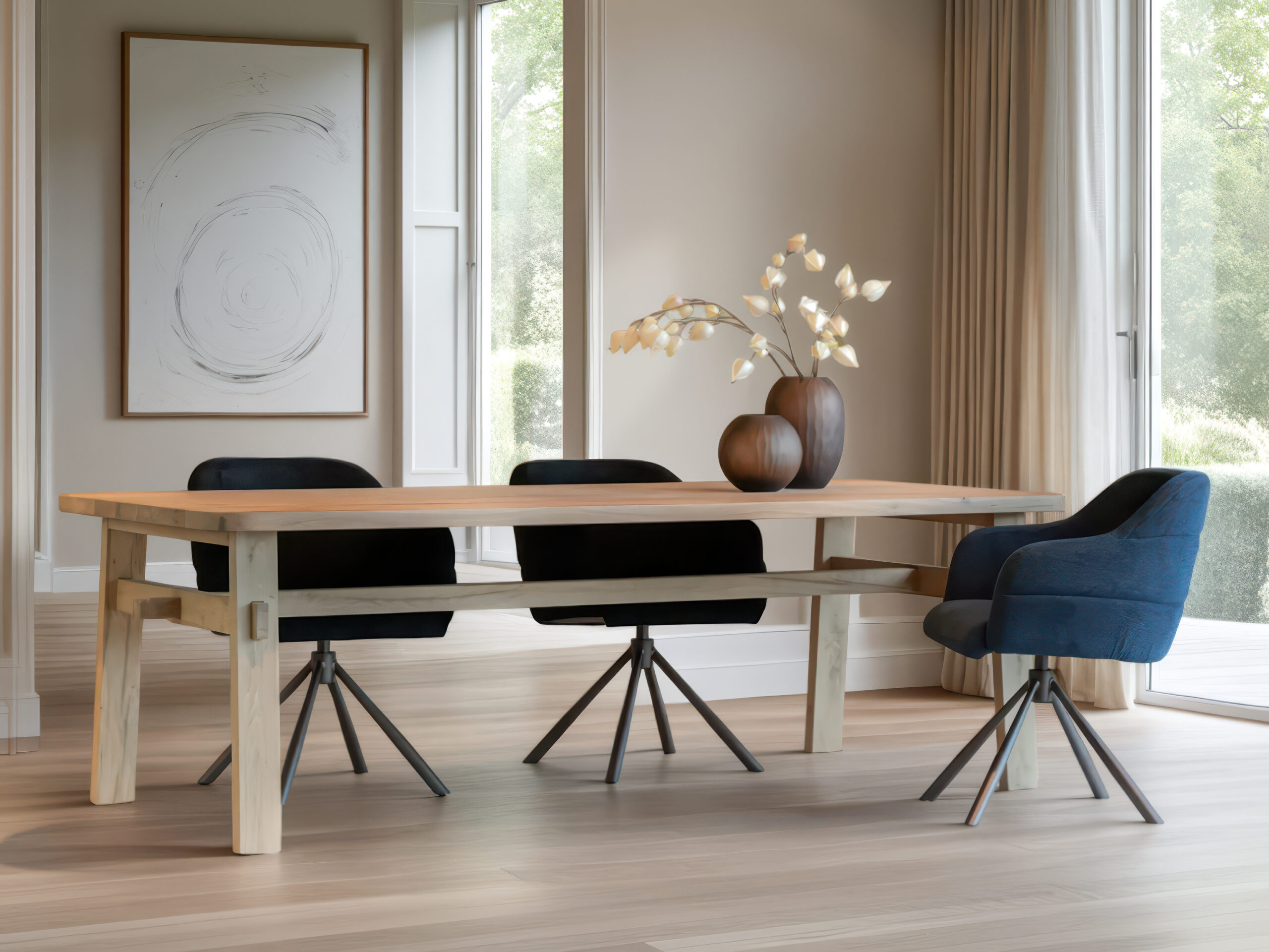 Rechthoekige massief houten eettafel met robuuste poten en centrale tussenbalk