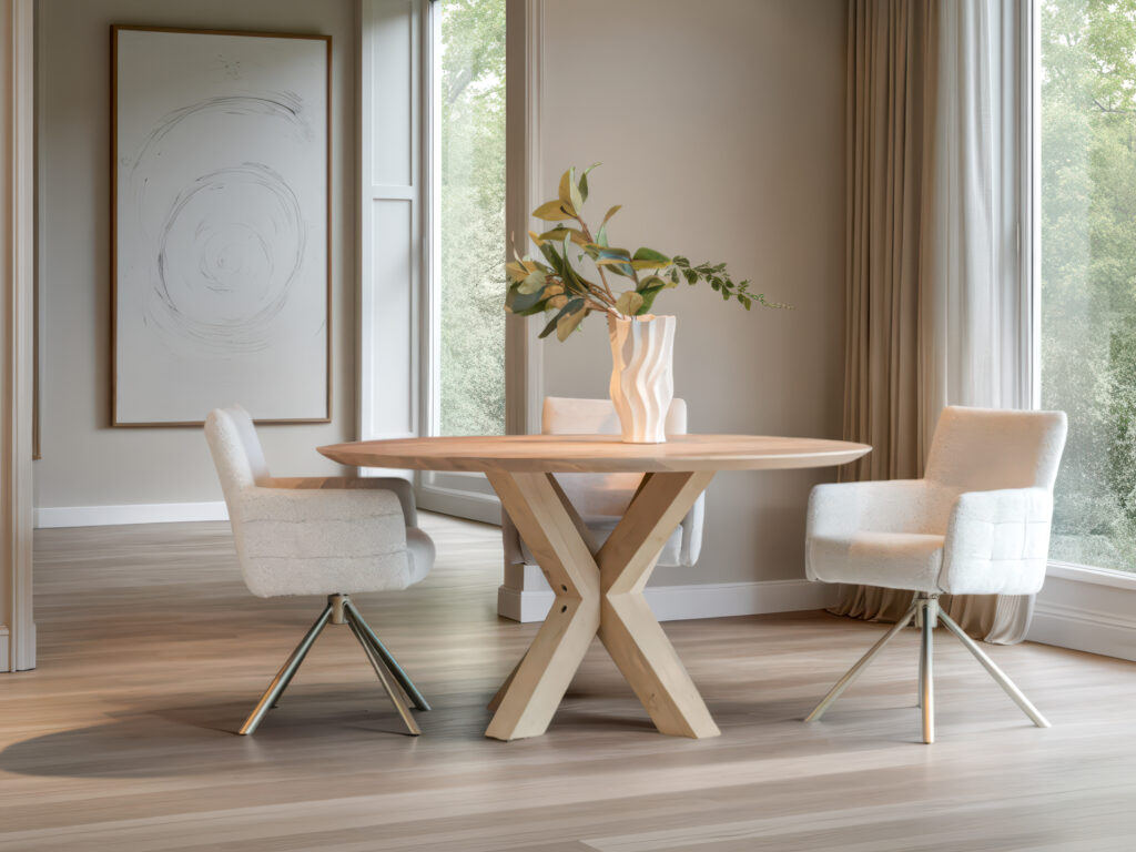 Ronde eettafel met massief houten blad en gekruist onderstel in X-vorm