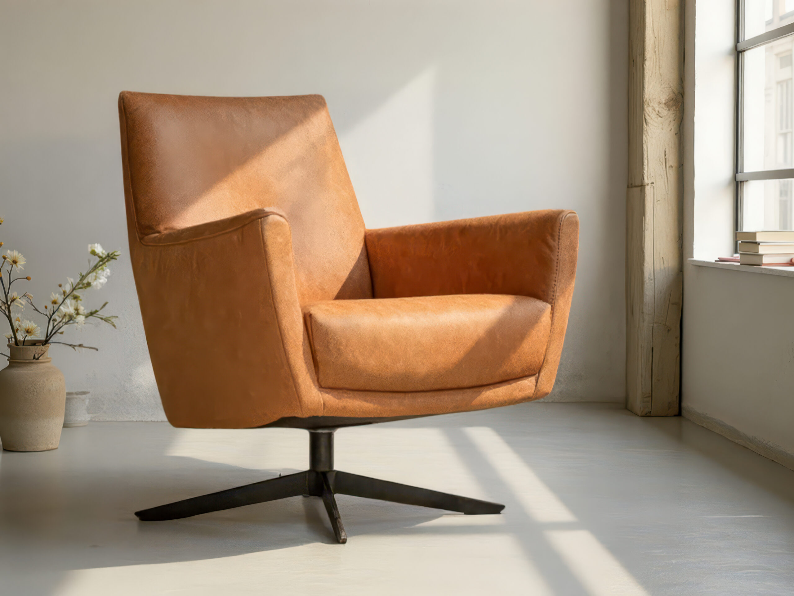 Minimalistische fauteuil in cognackleurige stof op metalen draaivoet