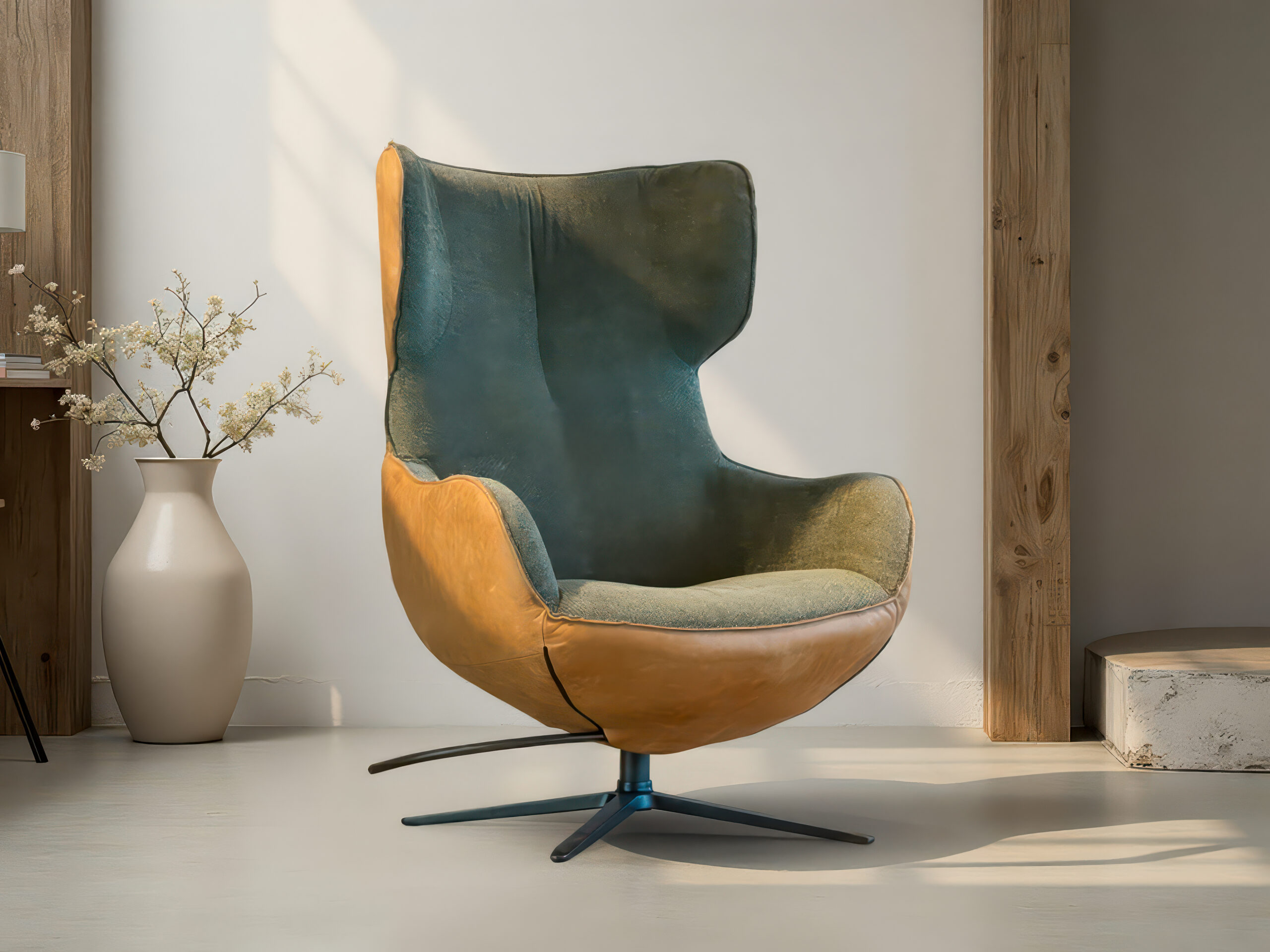Twee­kleurige fauteuil in cognac, speels en eigentijds design