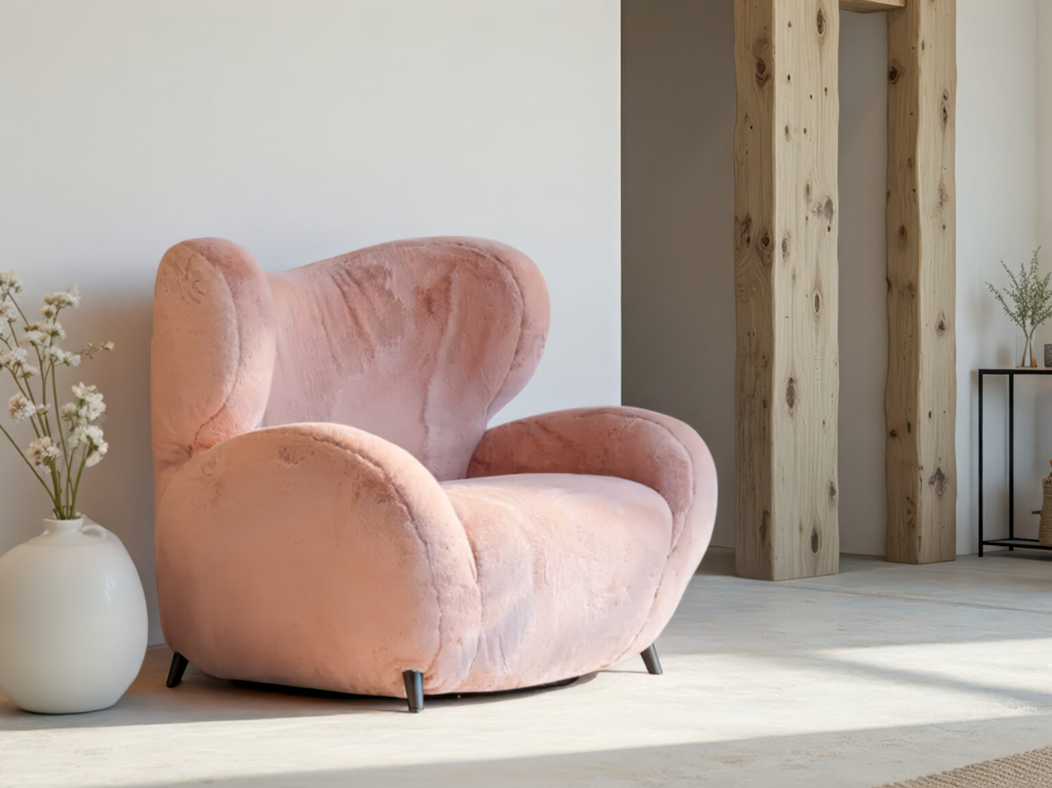 Roze fauteuil met afgerond design en extra lage rugleuning
