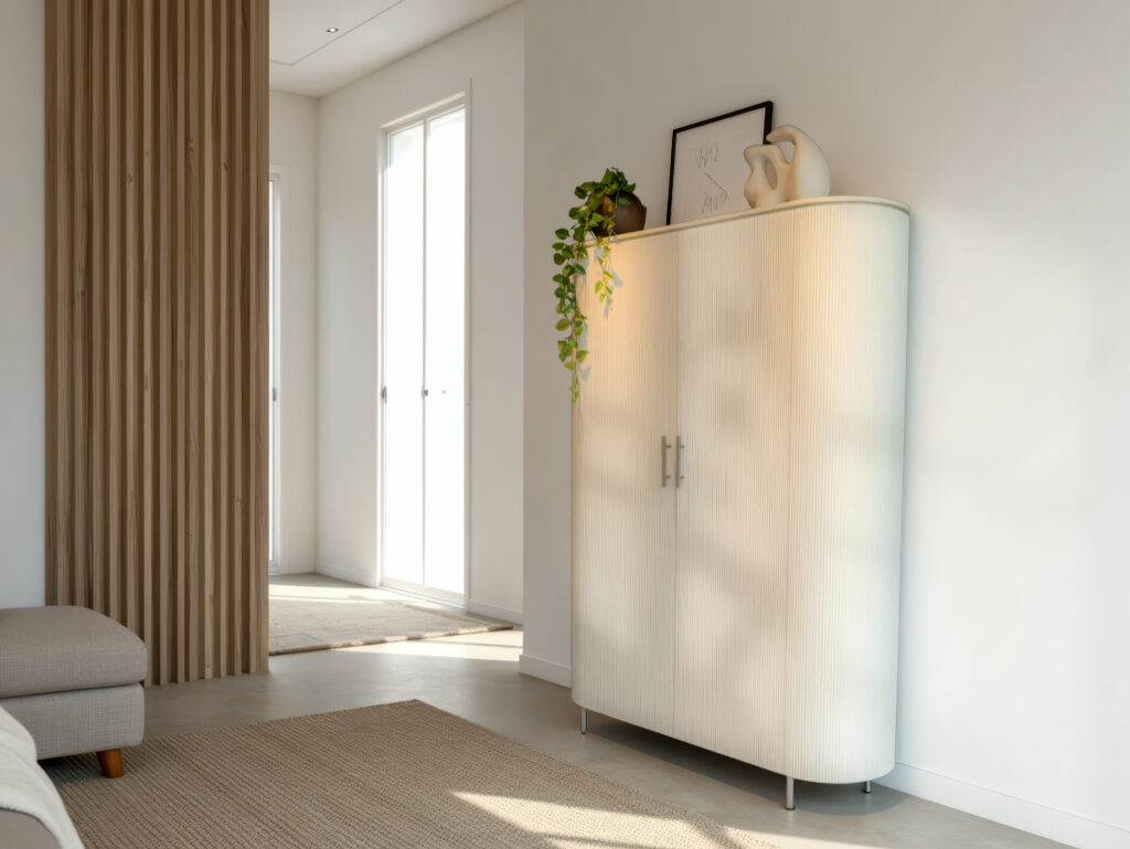 Minimalistisch meubel met organische vormen en natuurlijke tinten, perfect voor een serene sfeer