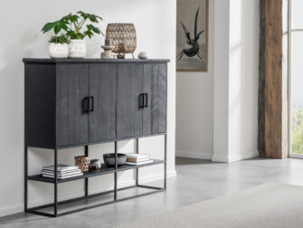 Moderne zwarte opbergkast met metalen frame en dubbele deuren