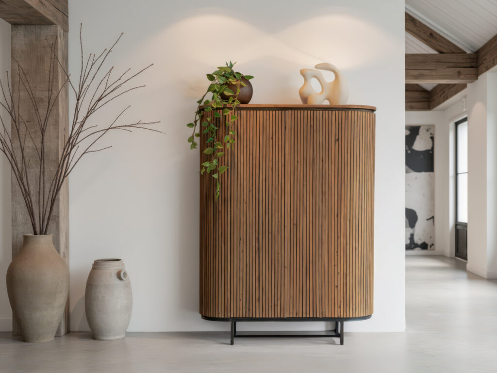 Moderne kast met afgeronde hoeken en verticale lattenstructuur