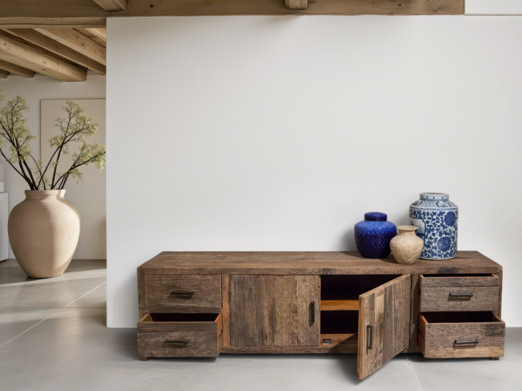 Massief houten tv kast met een verweerde look die warmte en authenticiteit toevoegt aan elk interieur