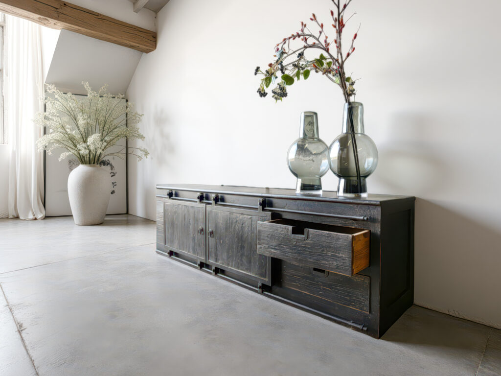 Karaktervol tv-meubel met schuifdeuren en open lades voor een doorleefde look