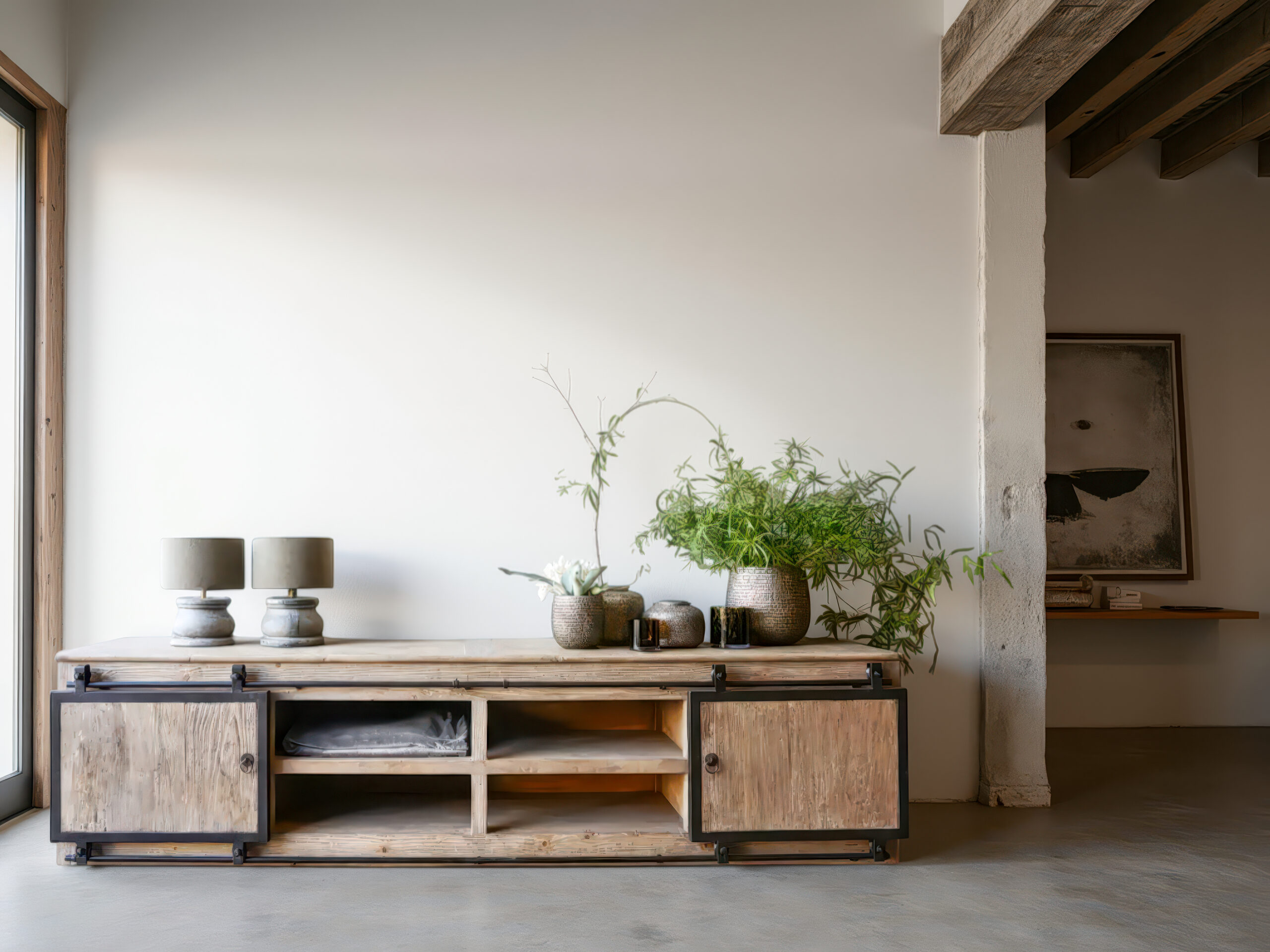 Tv-meubel met een landelijke uitstraling en open opbergruimte