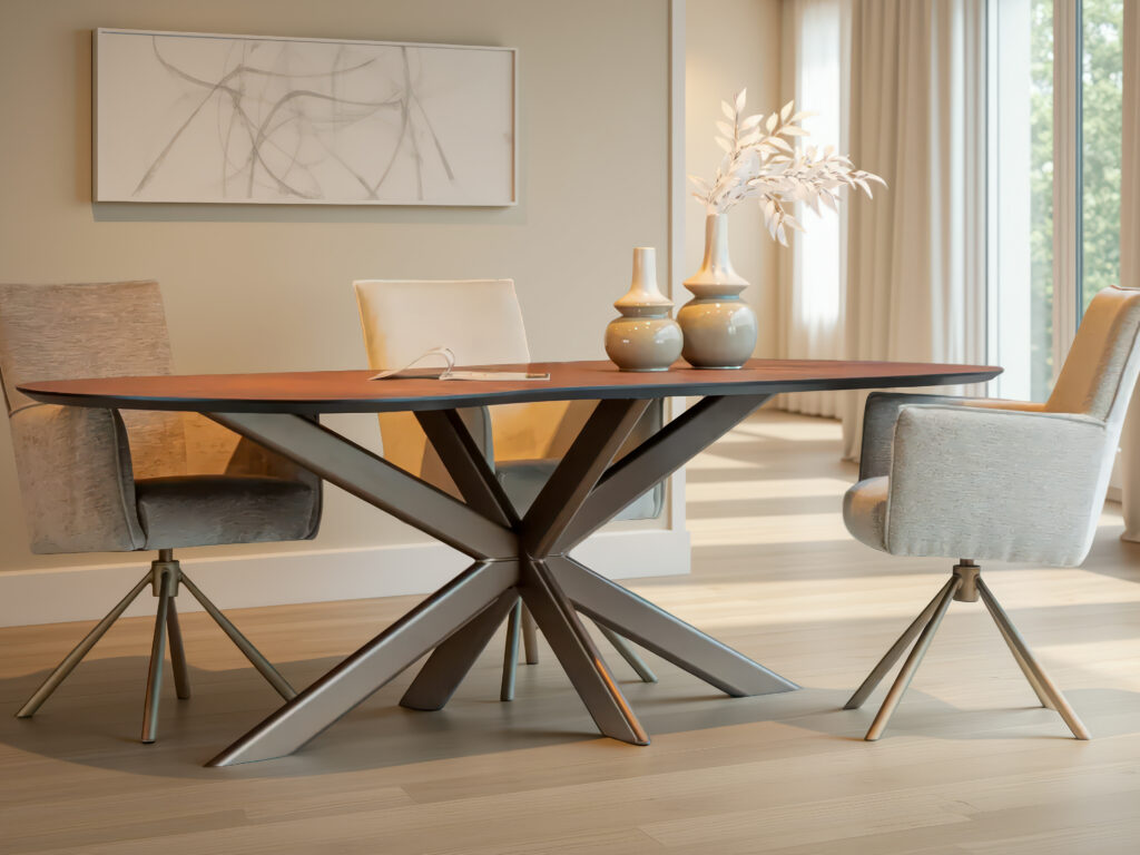 Moderne halfronde tafel met strak HPL blad