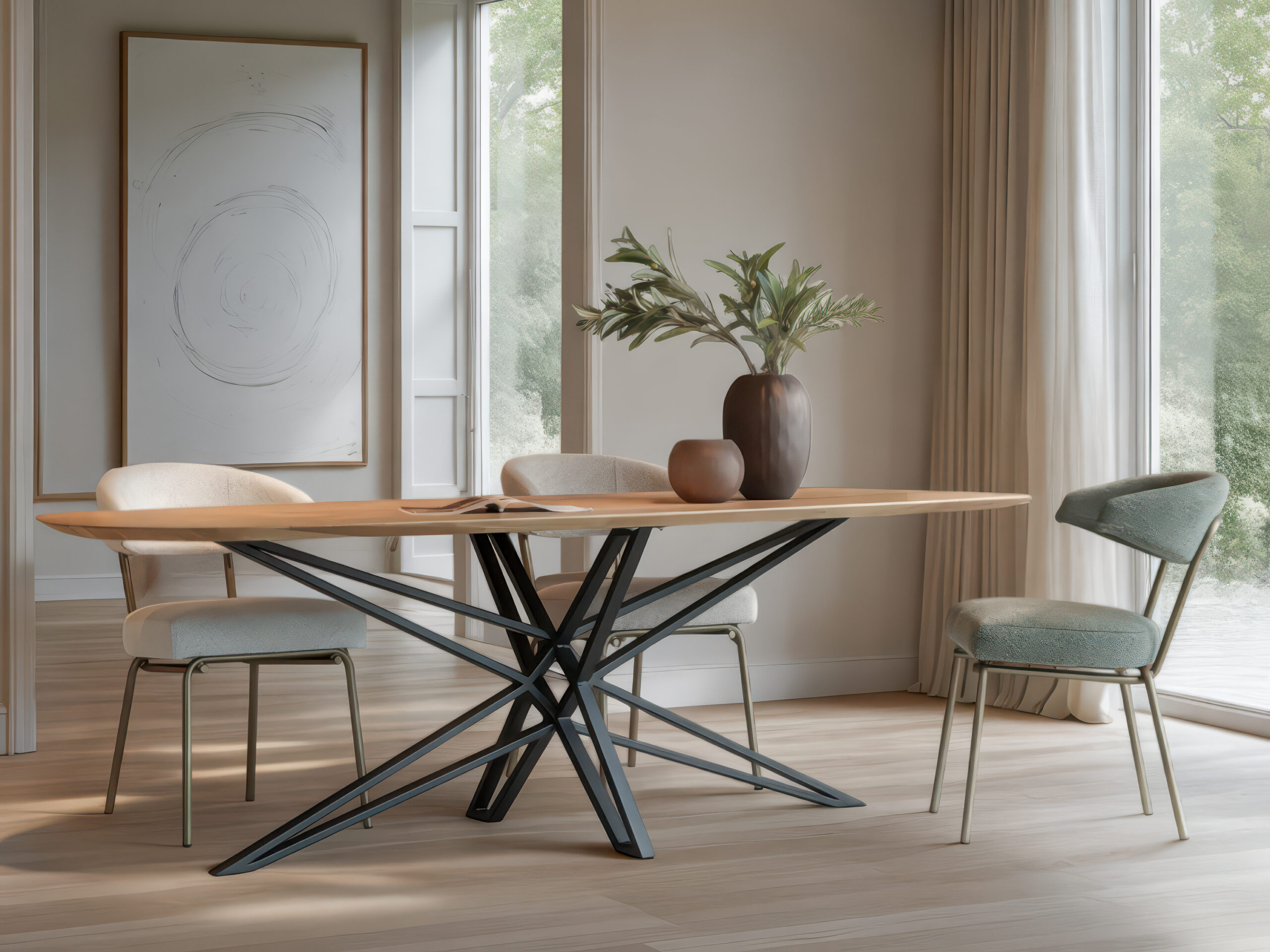 Eettafel met ovaal blad in eiken fineer en zwart metalen designonderstel
