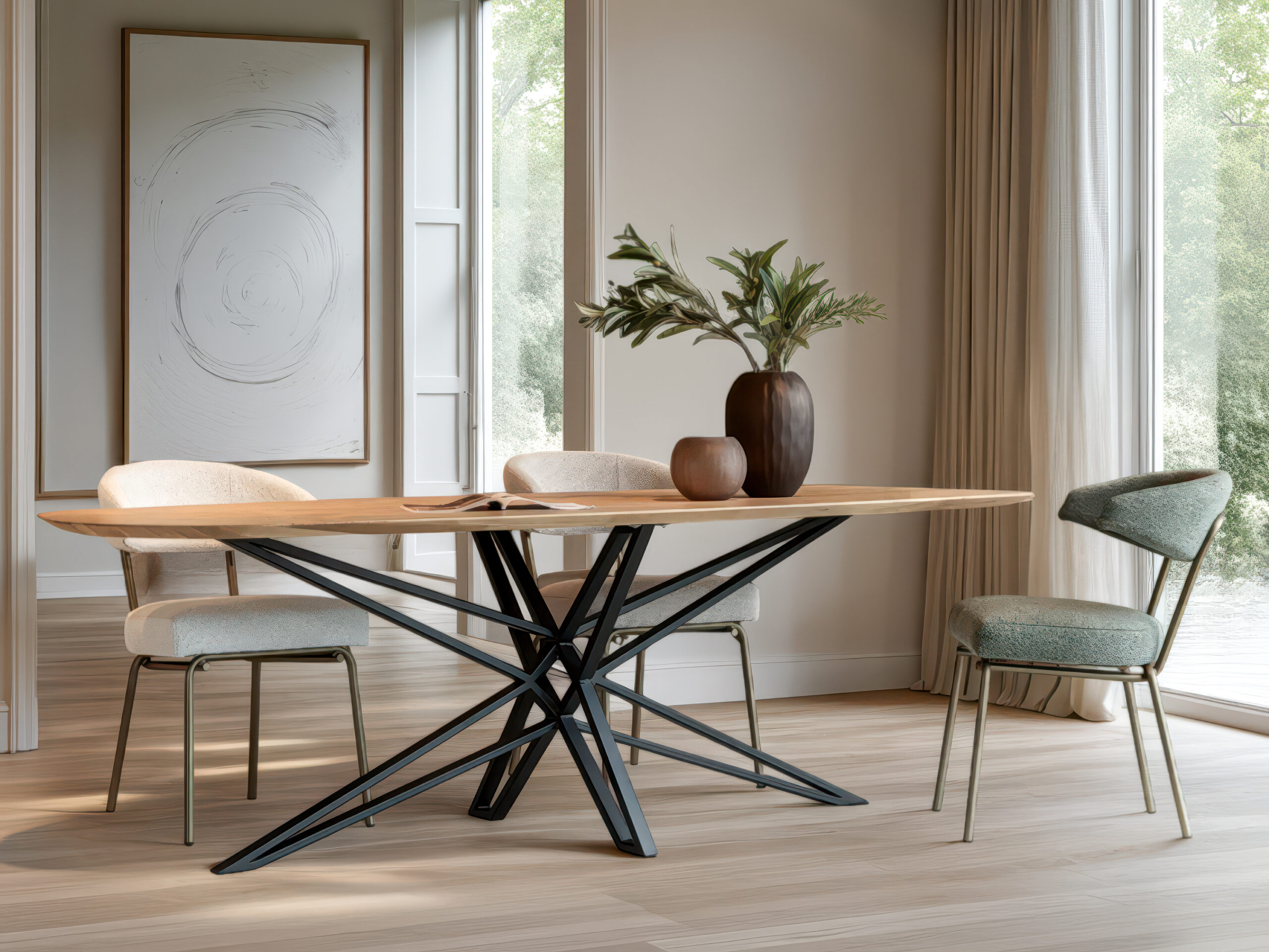 Moderne eikenfineer eettafel met verfijnd blad en gekruist stalen frame