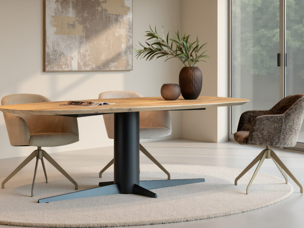 Bruine eetkamerstoel met brons antieke draaipoot