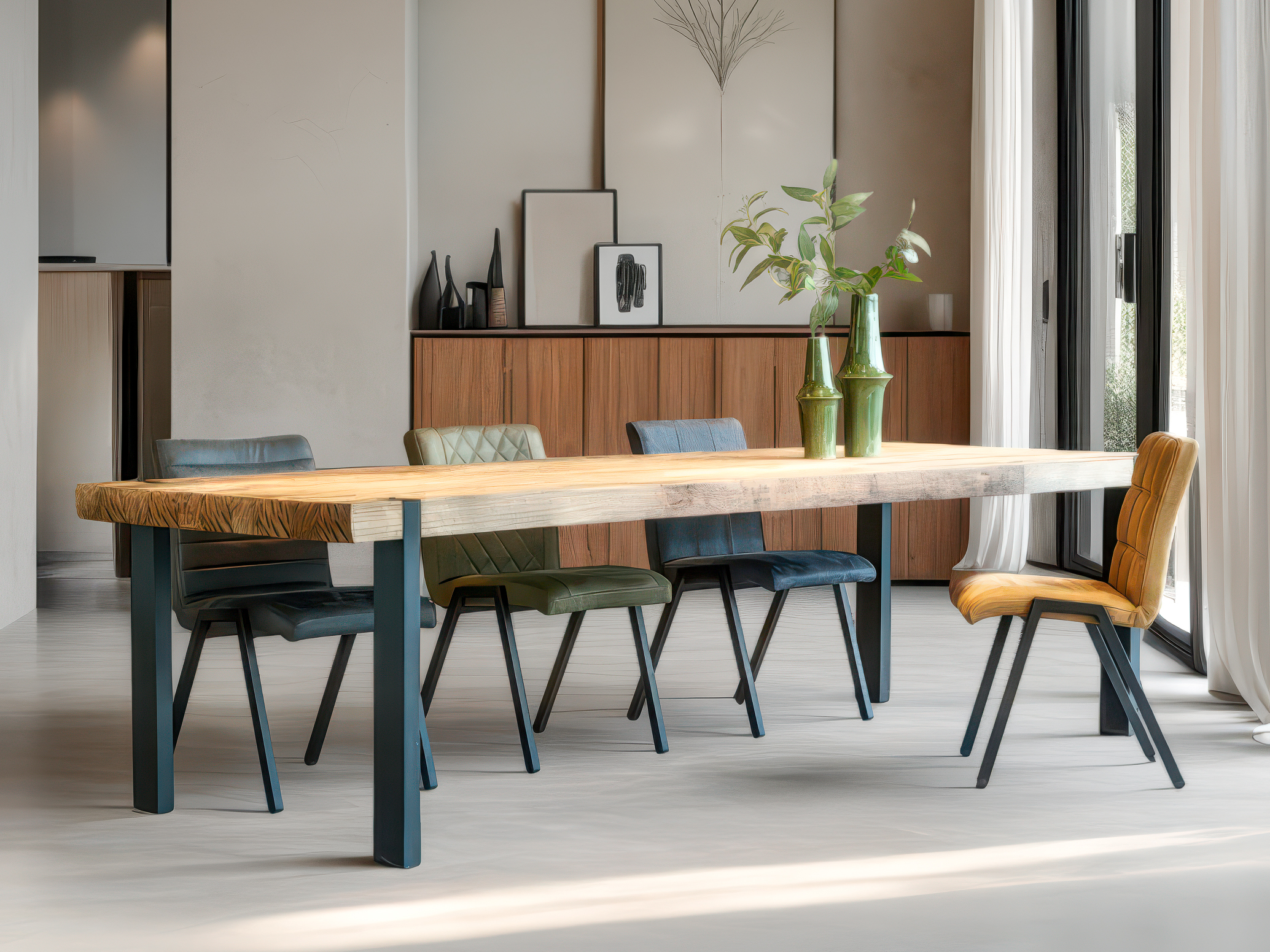 robuuste eettafel van teakhout met stalen poten