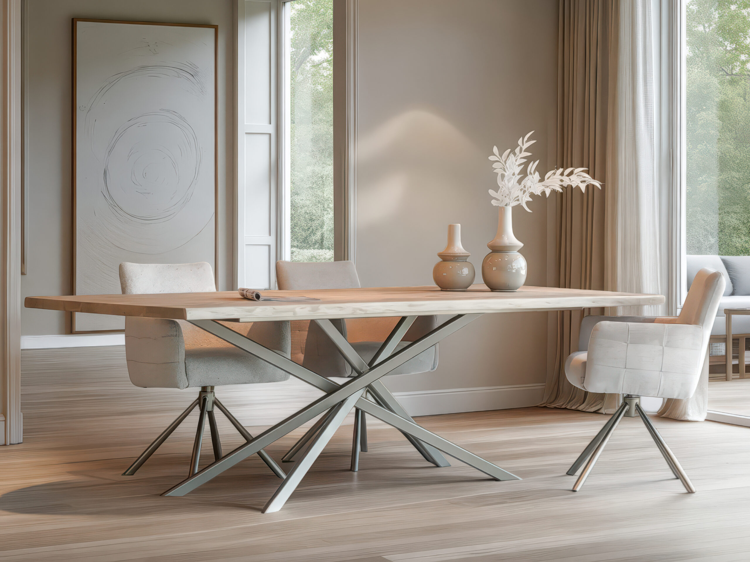Moderne eettafel met licht houten blad en gekruist onderstel in champagne metaal