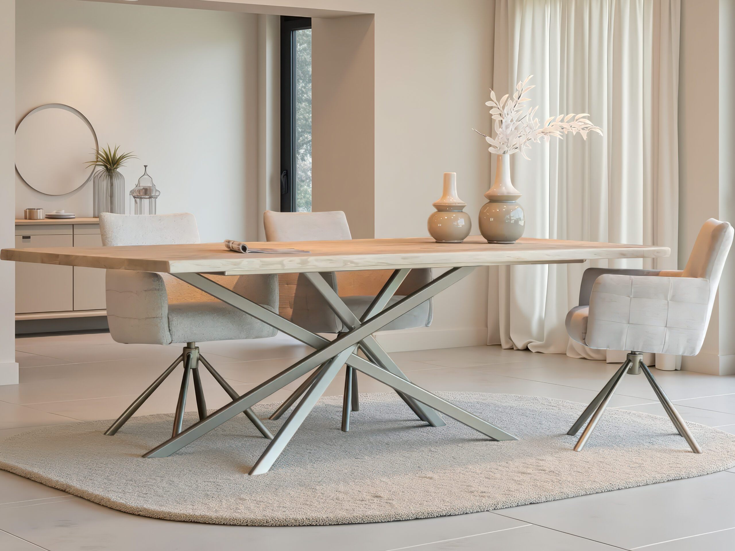 Eikenhouten tafel met robuust blad en metalen slaken poten