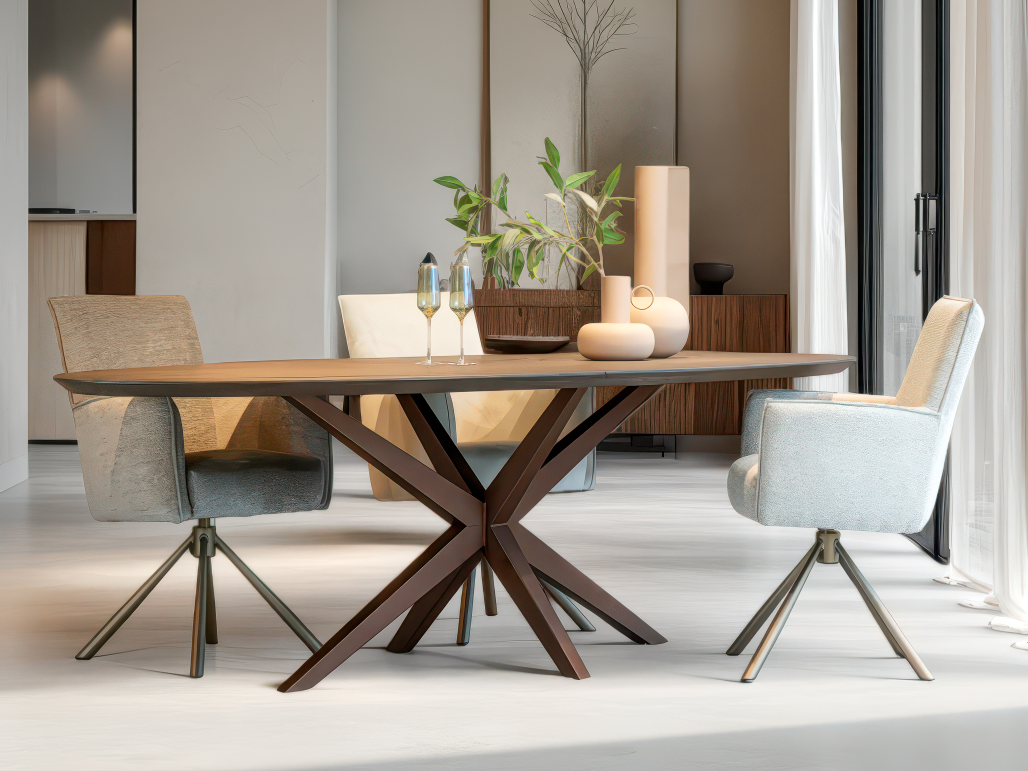 Eettafel met dun houten blad en karakteristiek kruispootontwerp voor een modern accent