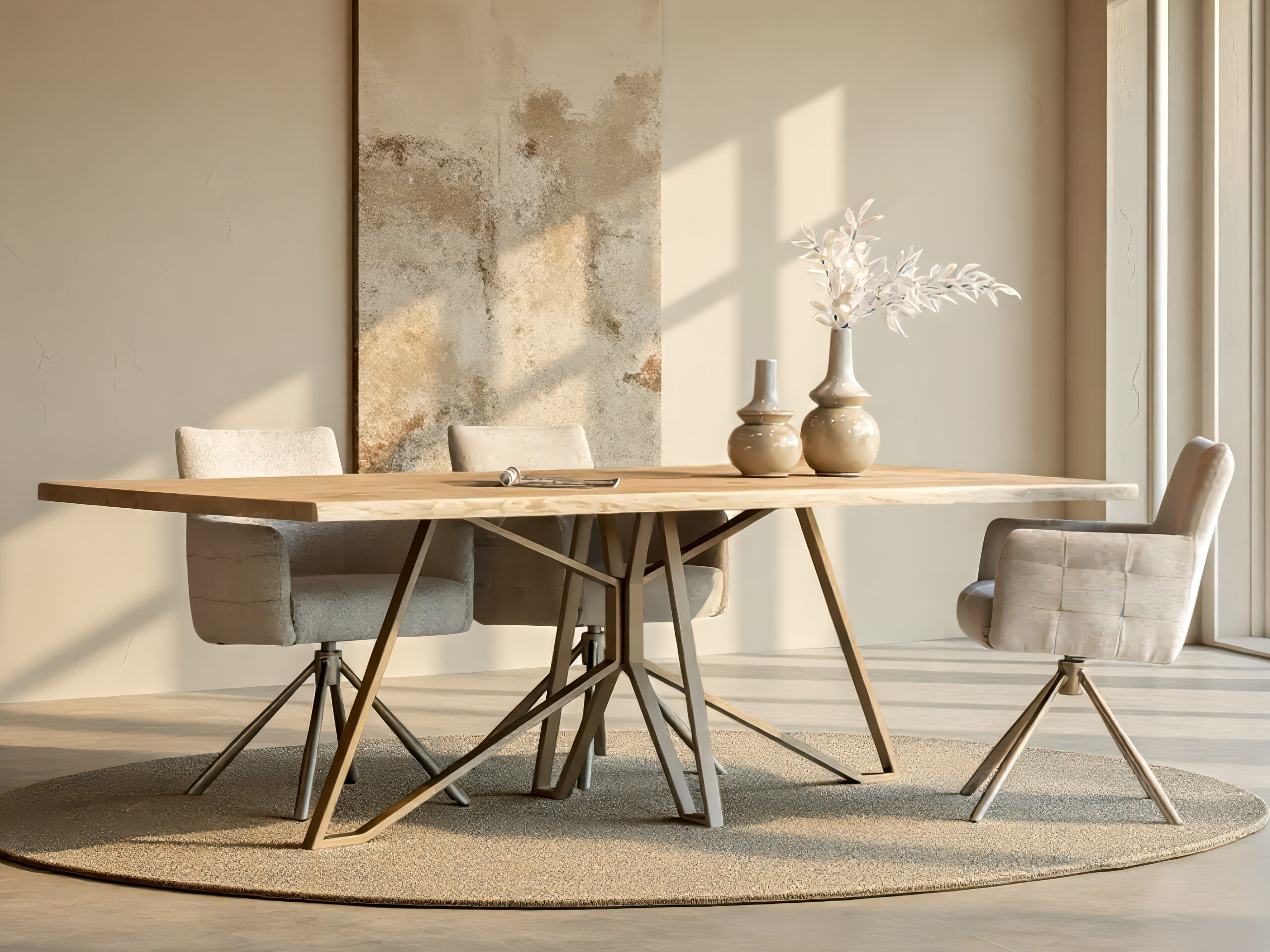 Moderne eiken tafel met metalen onderstel