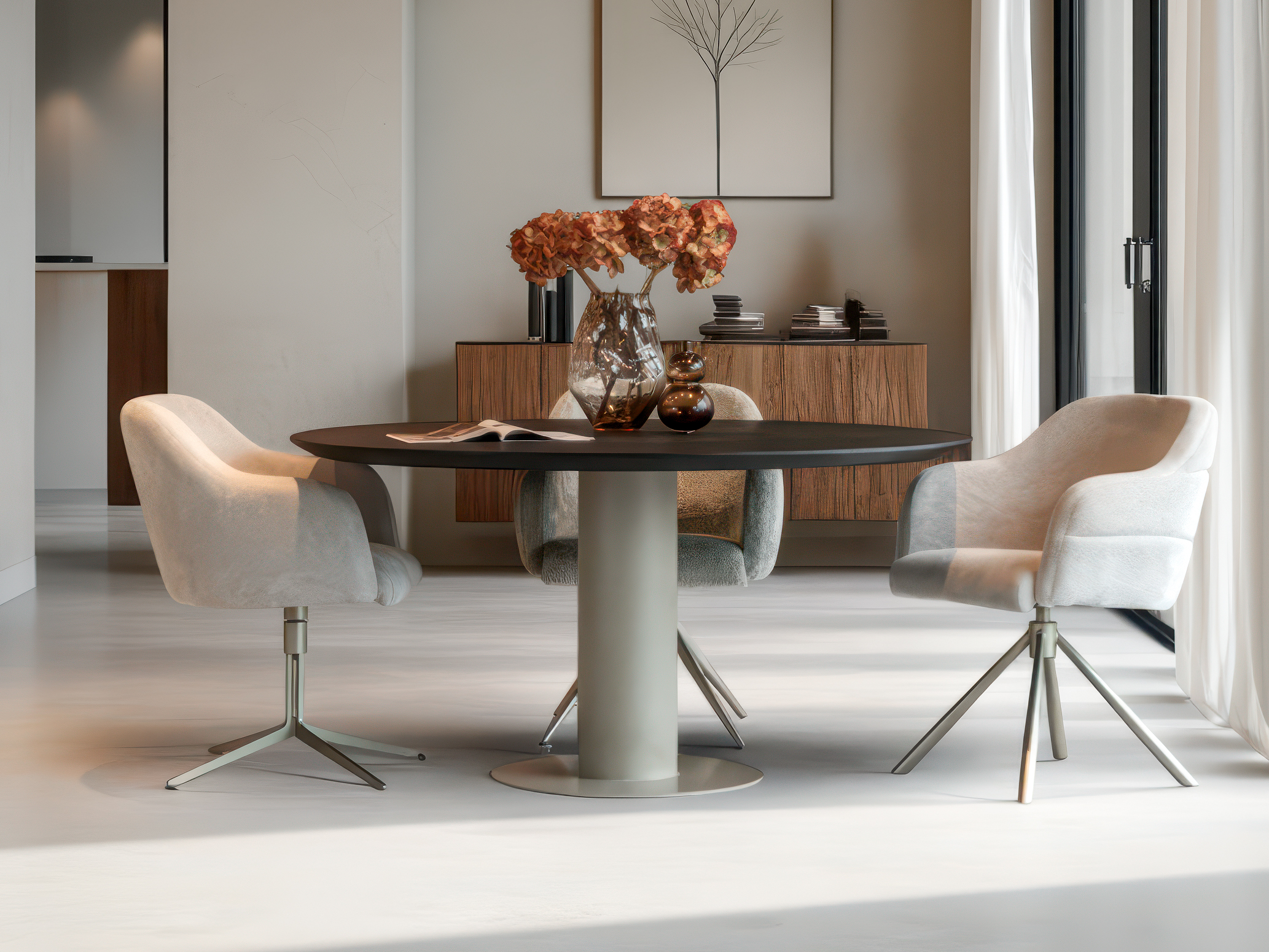 Ronde eettafel met donker blad en centrale poot in magnum beige metaal