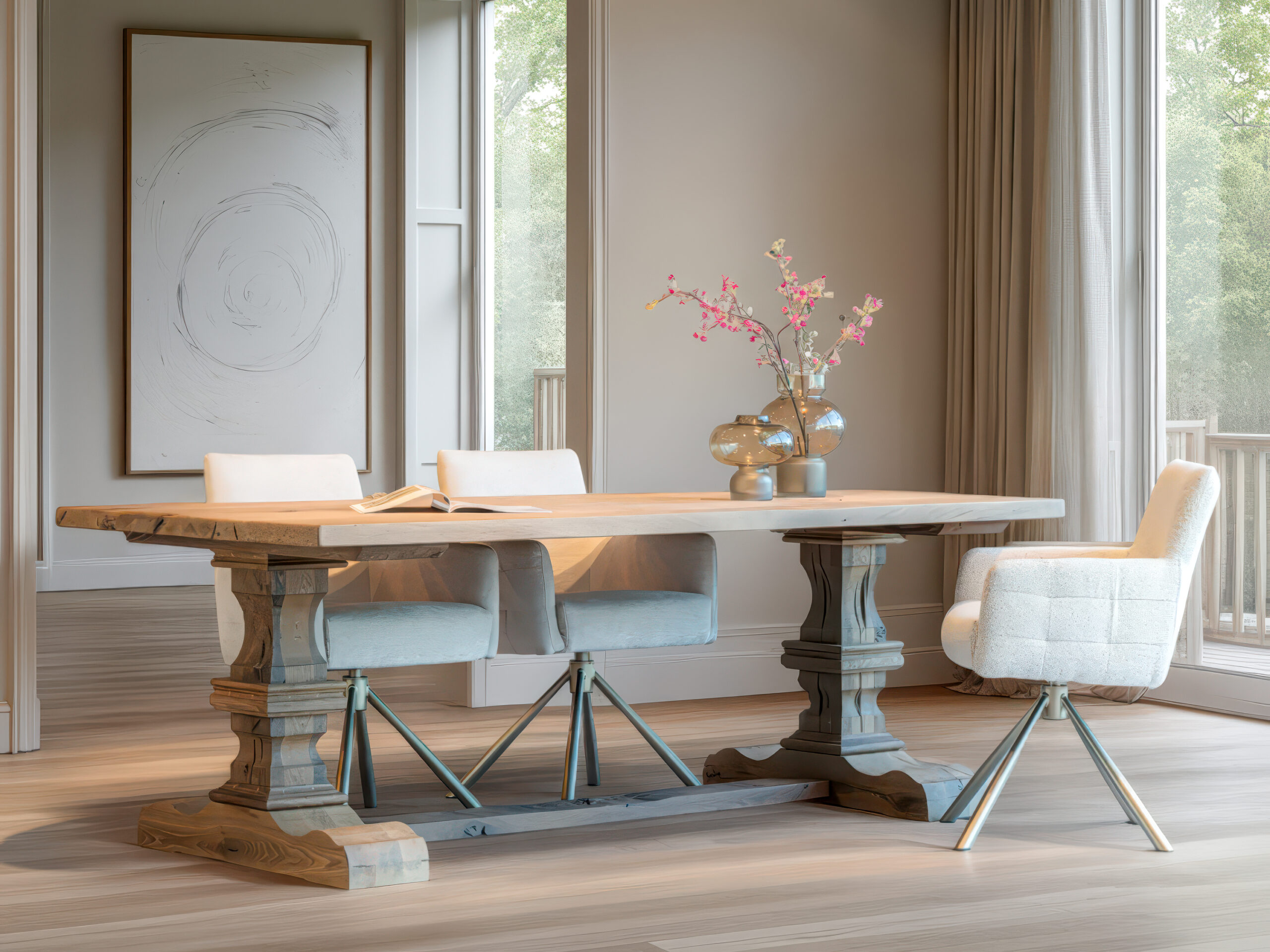 Klassieke eettafel in kloosterstijl met zwaar onderstel en natuurlijke houtafwerking