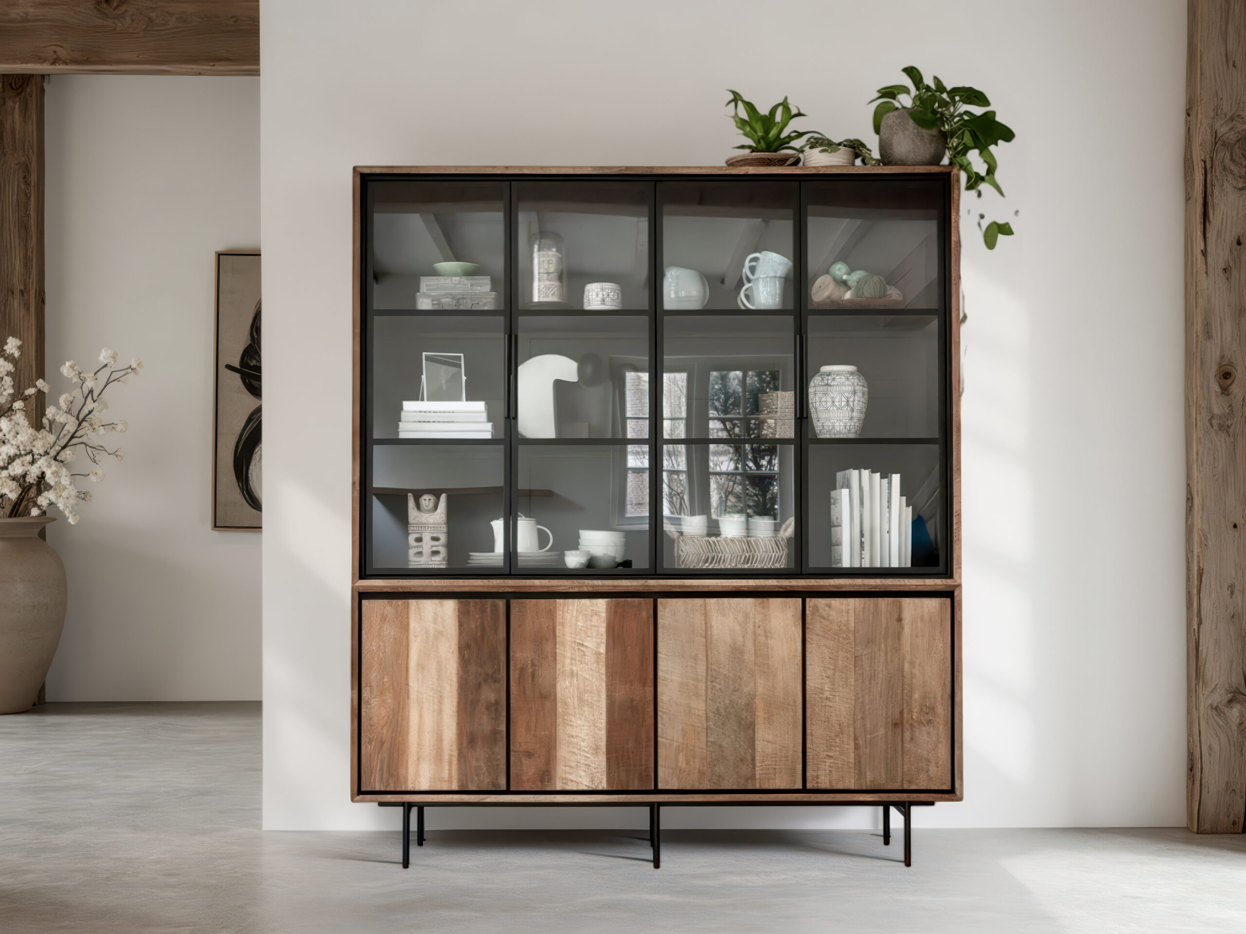 Grote vitrinekast met glazen schuifdeuren en decoratieve items, ideaal voor een eigentijds interieur