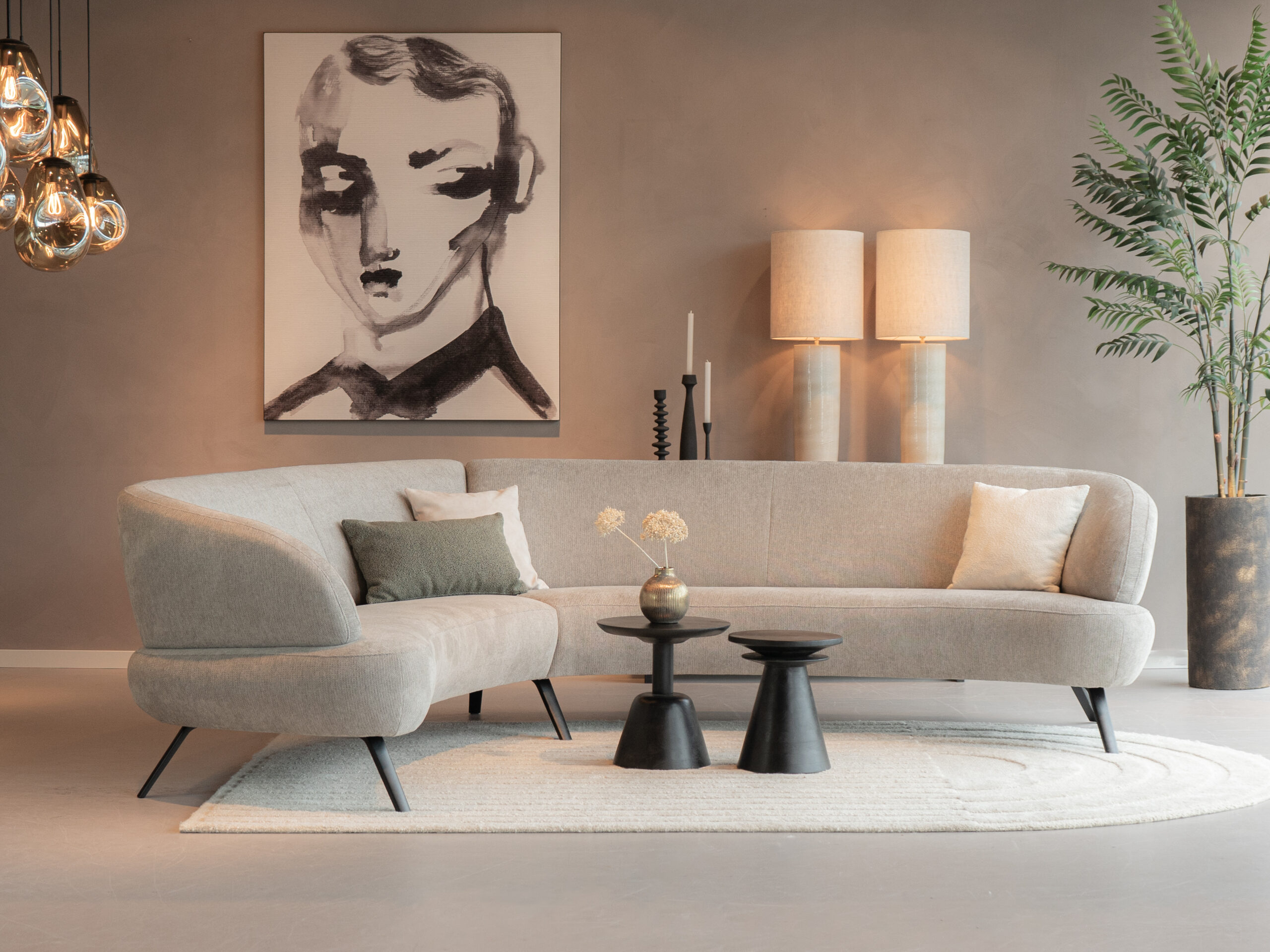 grijze ronde hoekbank in diverse opstellingen