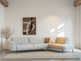 hoekbank in bouclé stof met open eiland