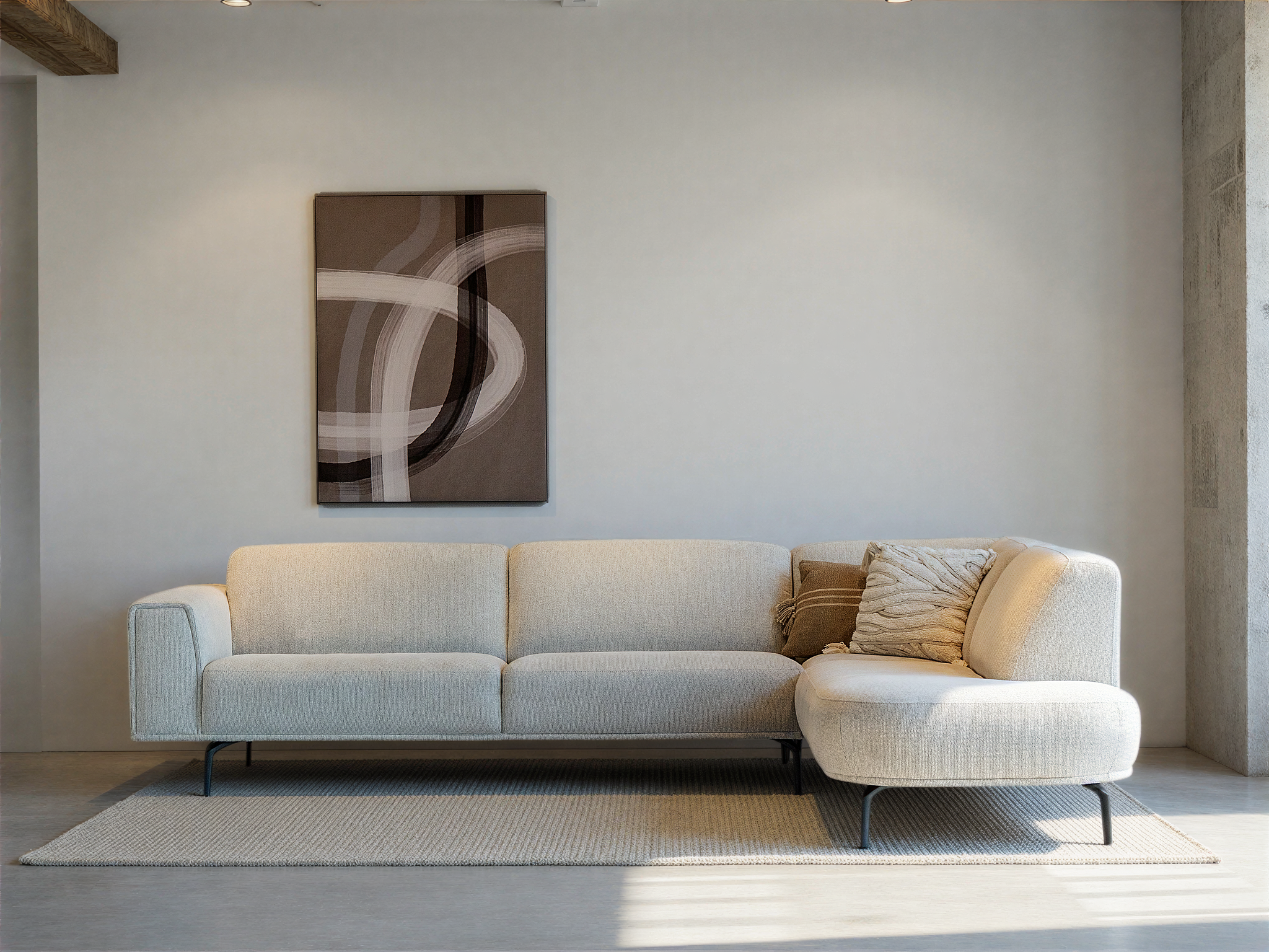 beige hoekbank met een rond open eiland