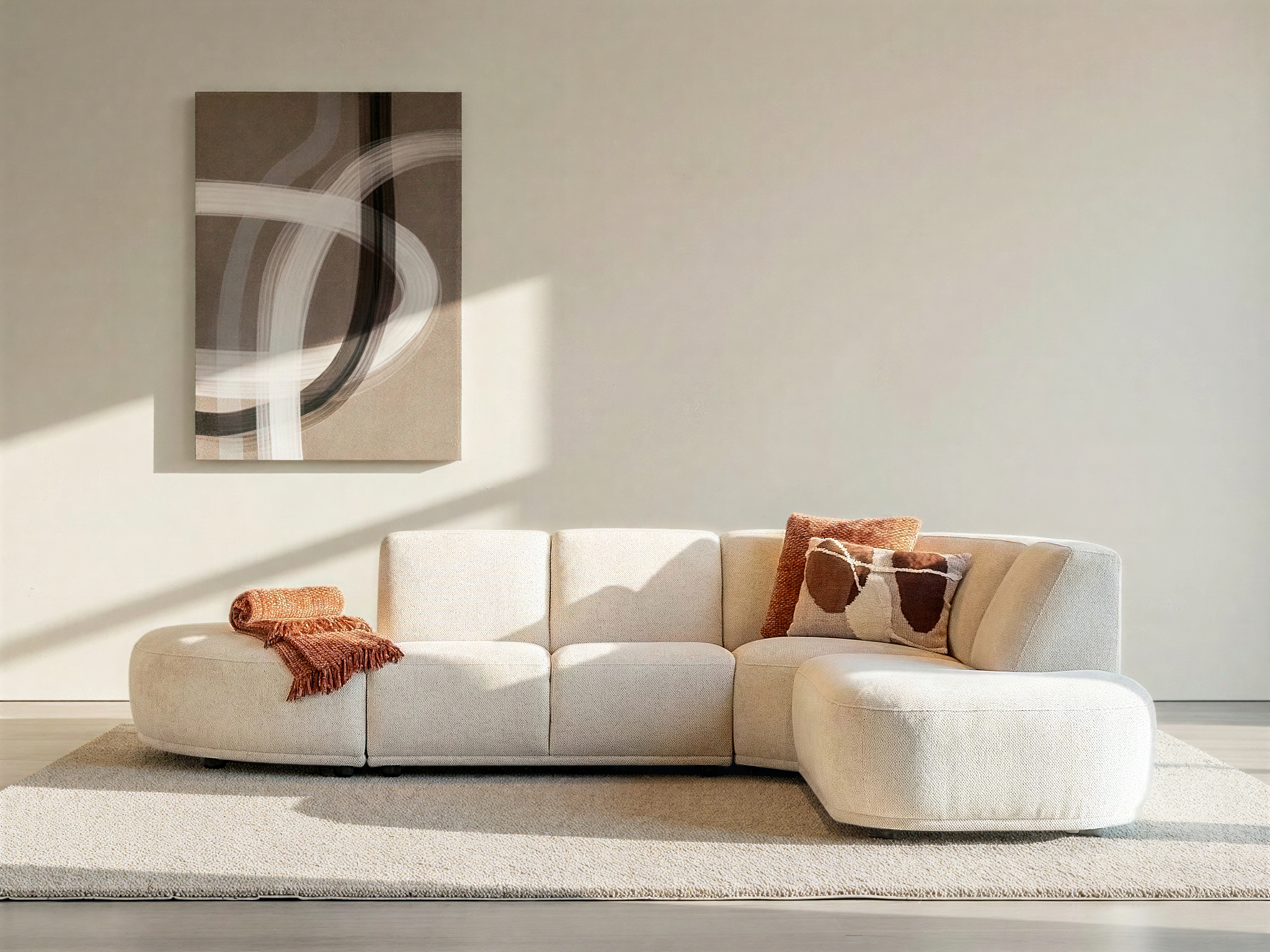 Bank Velar - macan ecru - hocker halfrond - 2 zits no arm - hoek rond klein - open eiland rond smal