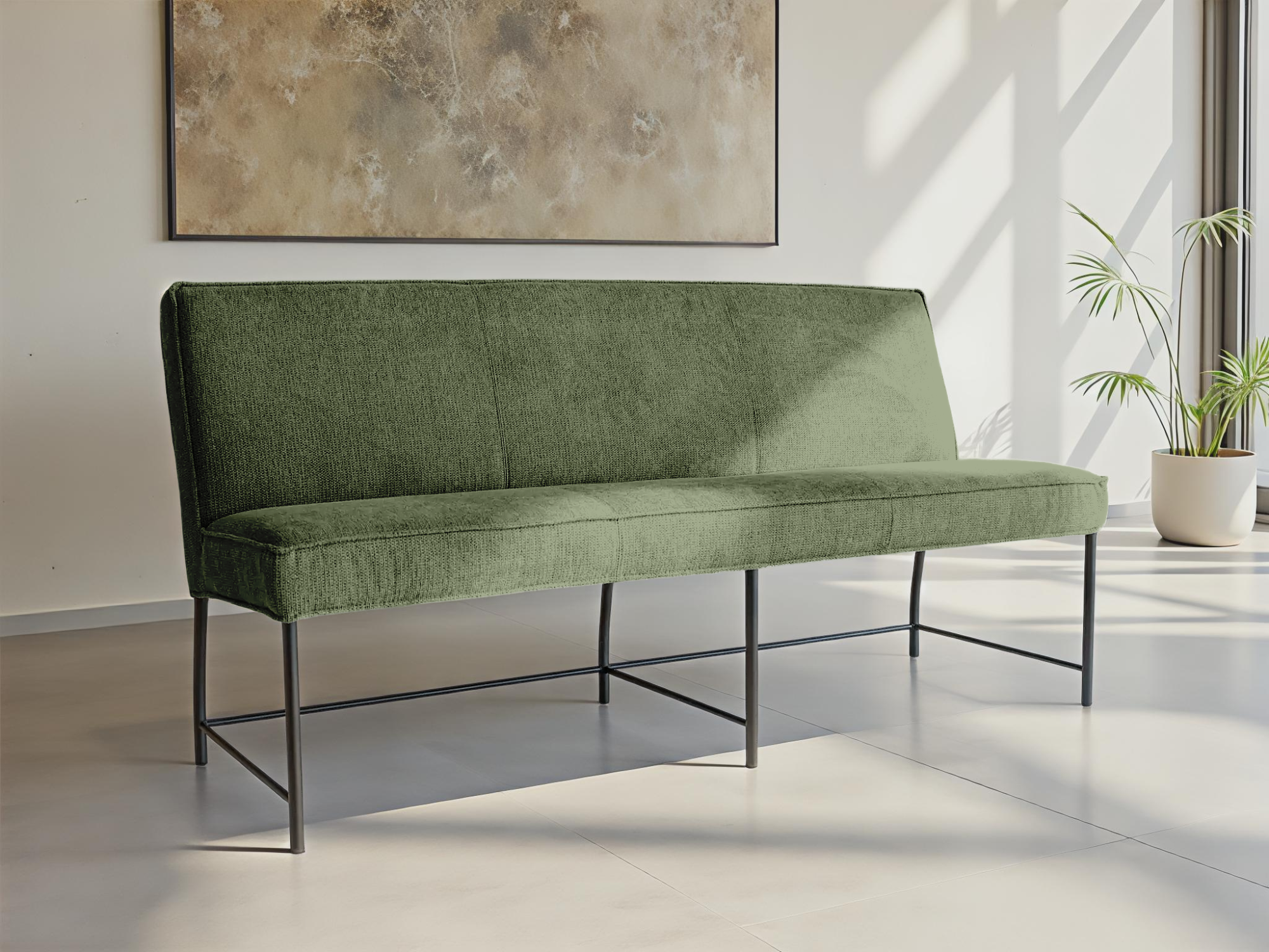 Donkergroene eetkamerbank met moderne uitstraling