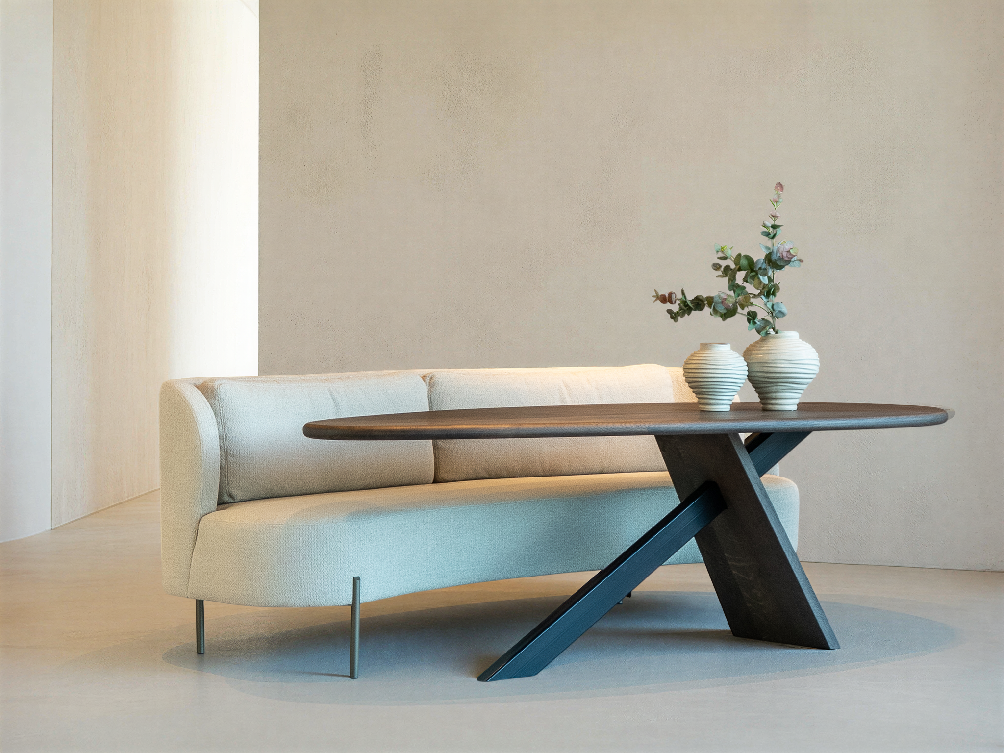 Eetkamerbank Ramsey - rythm beige - ovaal - 240cm - metaalkleur anodic bronze - aan onze Tafel Constance