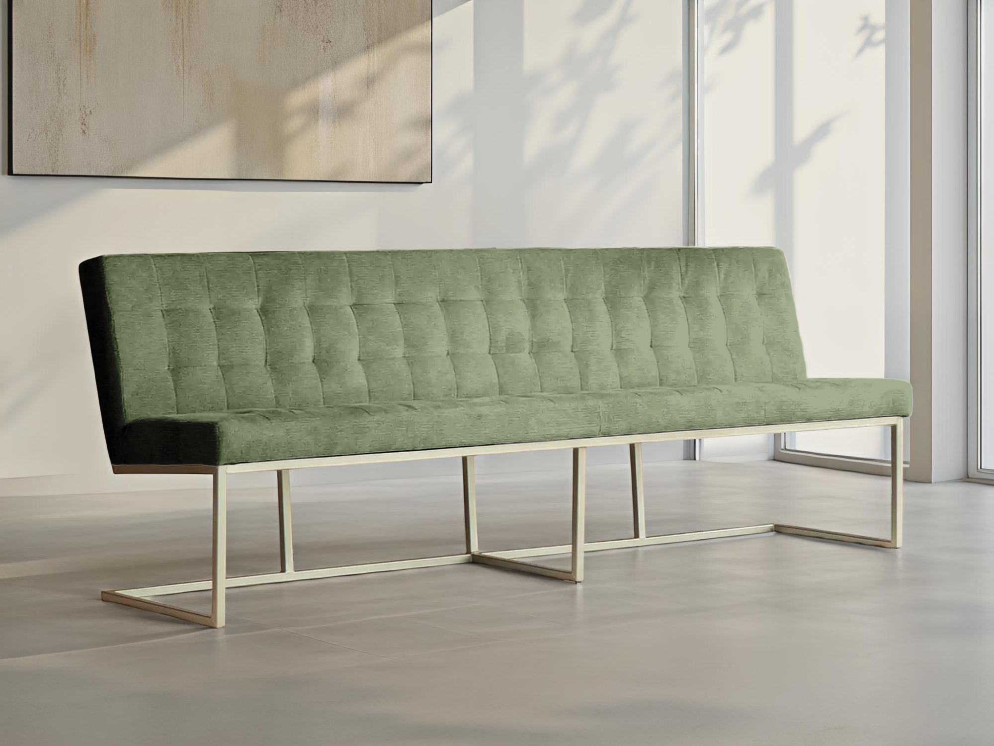 Frisgroene eetkamerbank met horizontale stiknaden