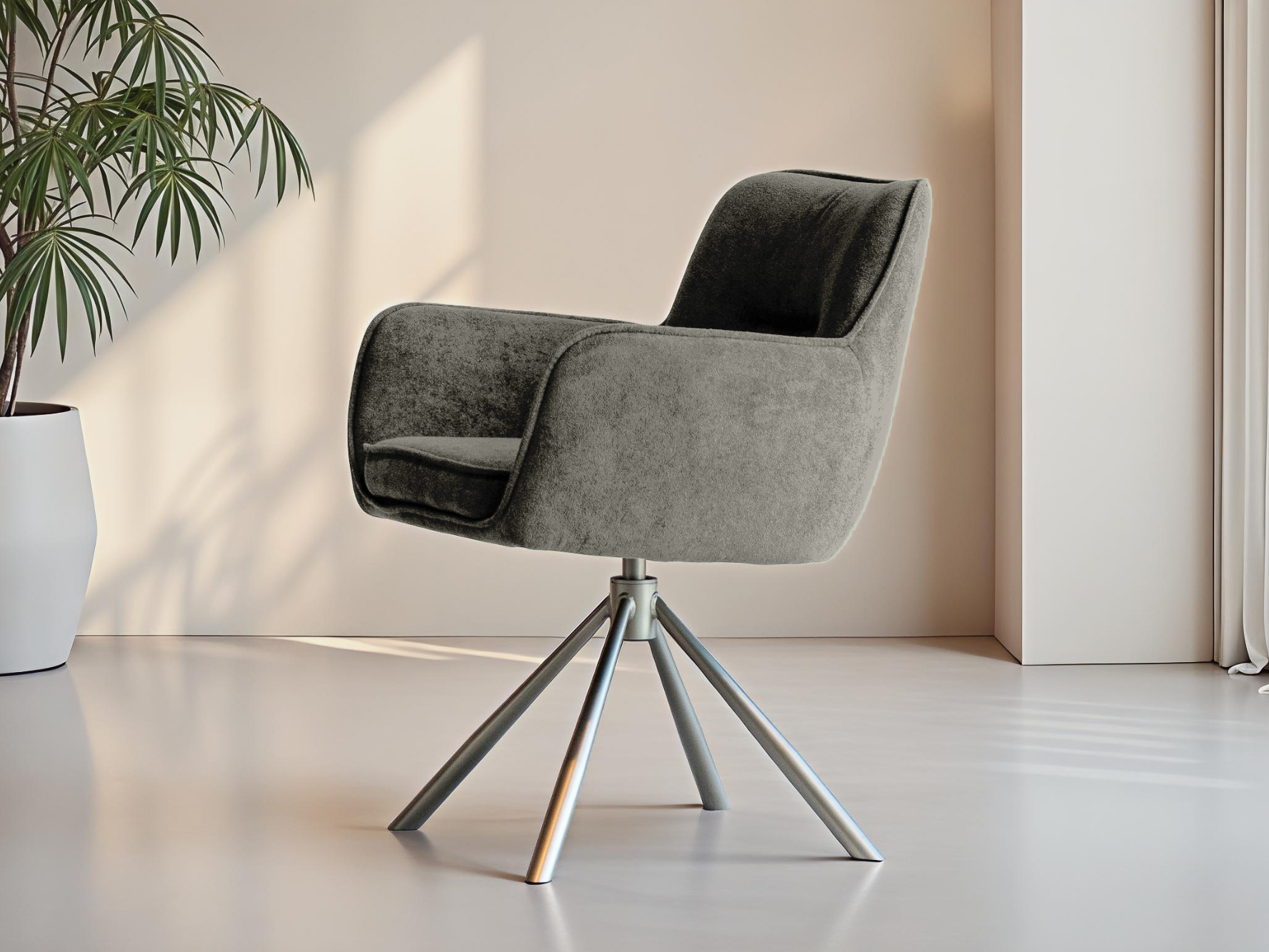 Stoel met antraciet kuip op draaibare poot, die comfort combineert met contrast