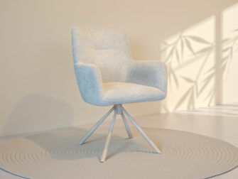 Lichtgrijze eetkamerstoel met armleuningen en draaibare metalen poten