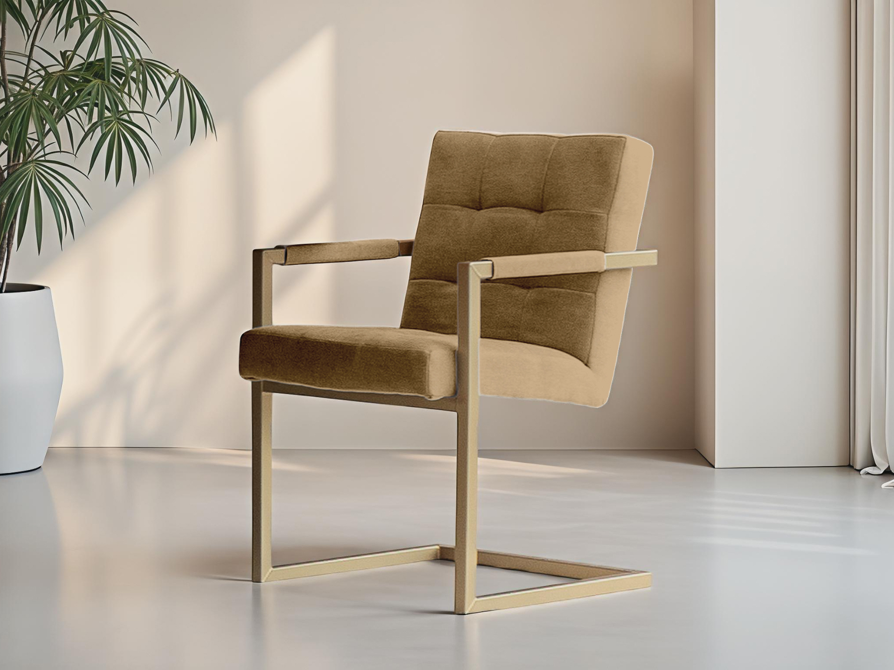 Zachte zandkleurige eetkamerstoel in chique stijl